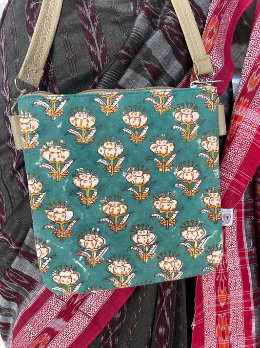 Art leather blockprint sling bag