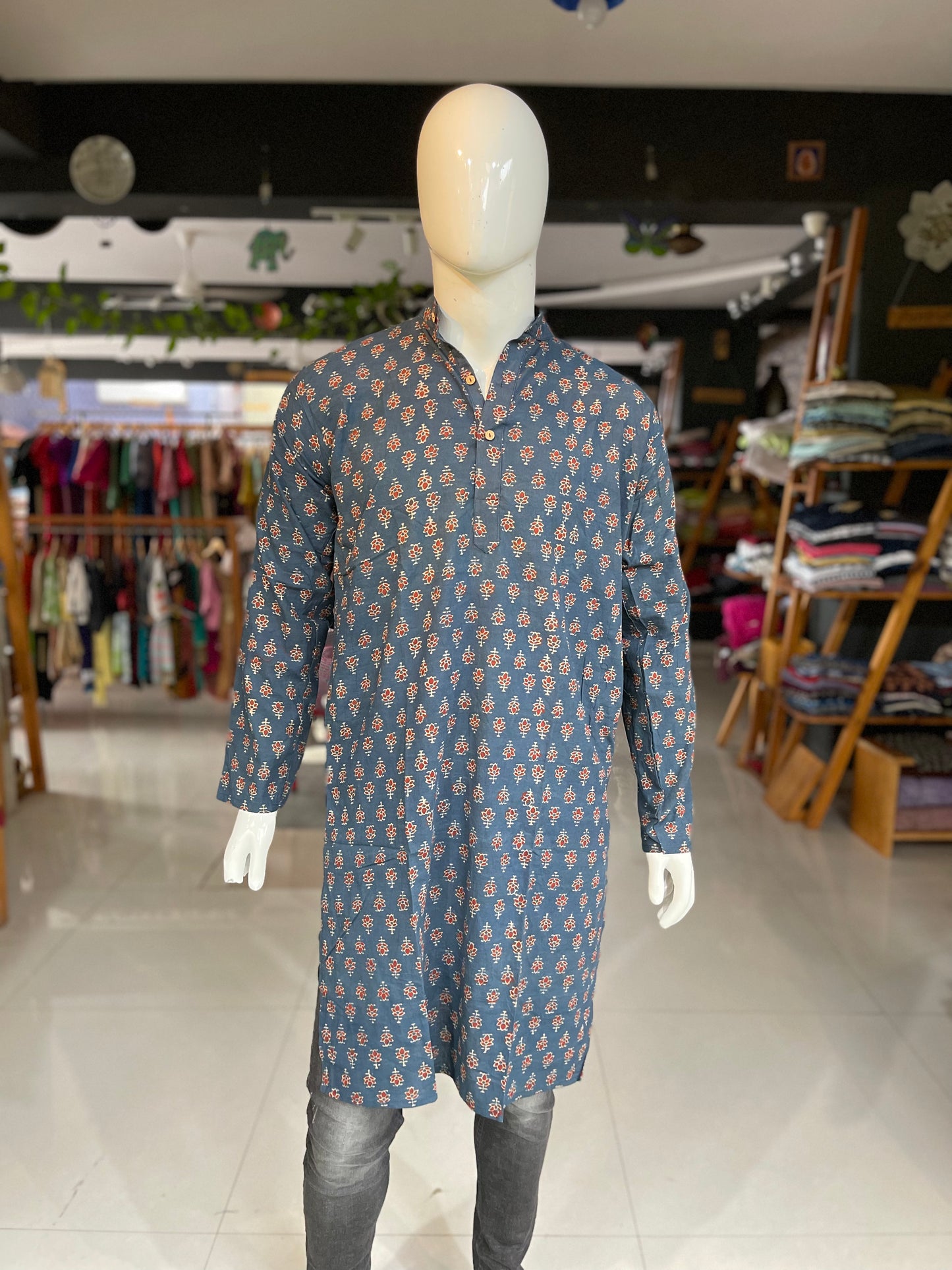 Indigo ajrakh hand block printed cotton long kurta for men