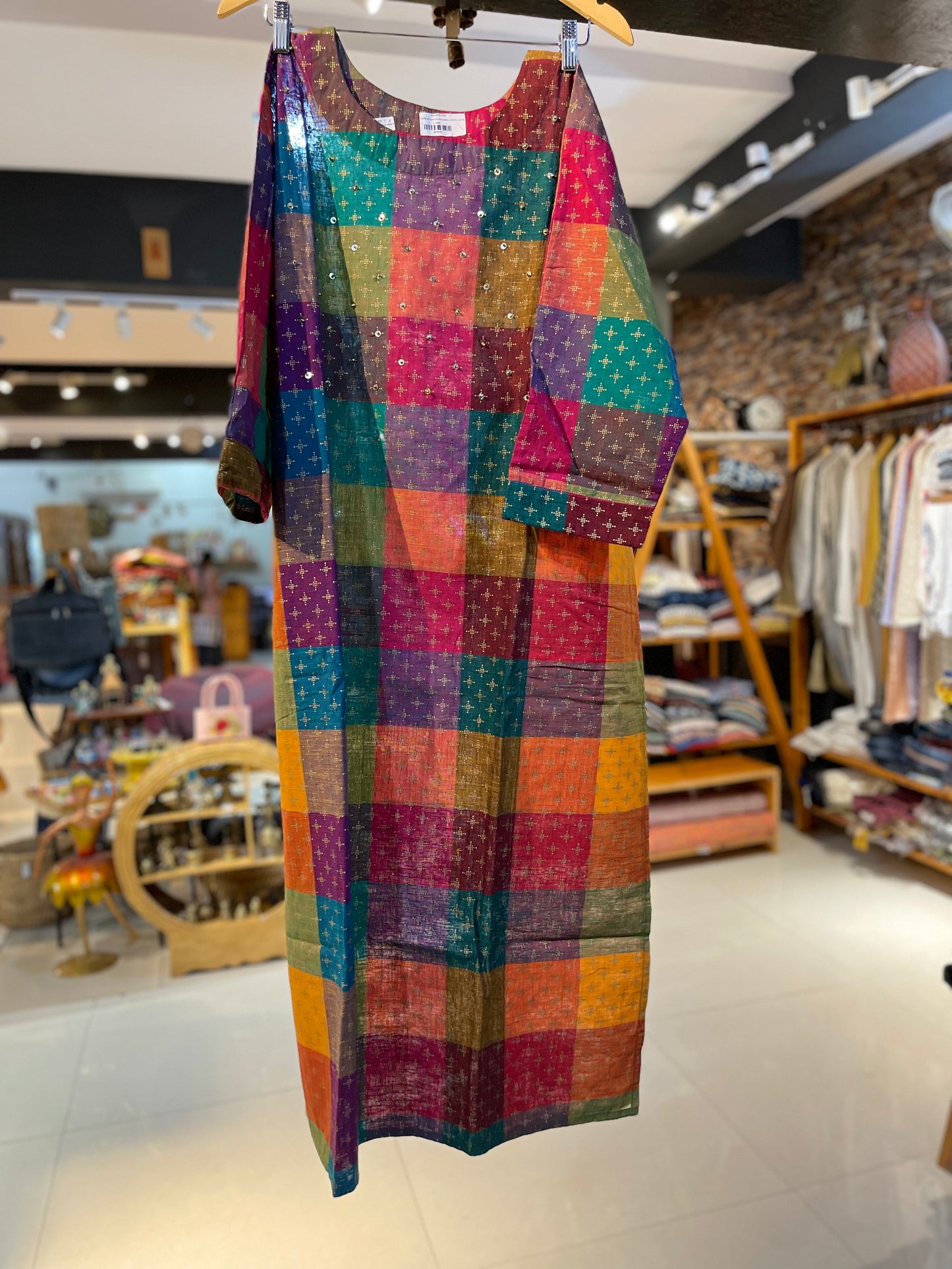 Gold printed embroidery checks multicolor cotton kurti