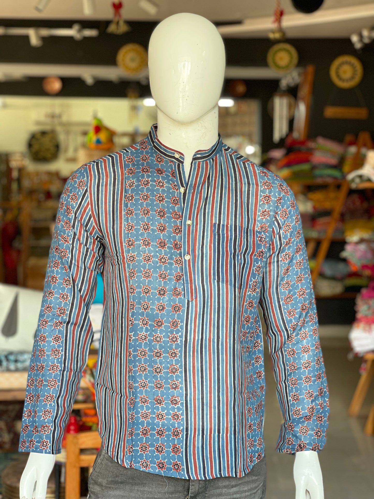 Blue stripes and flowers ajrakh hand block printed handloom full sleeves short kurta for men