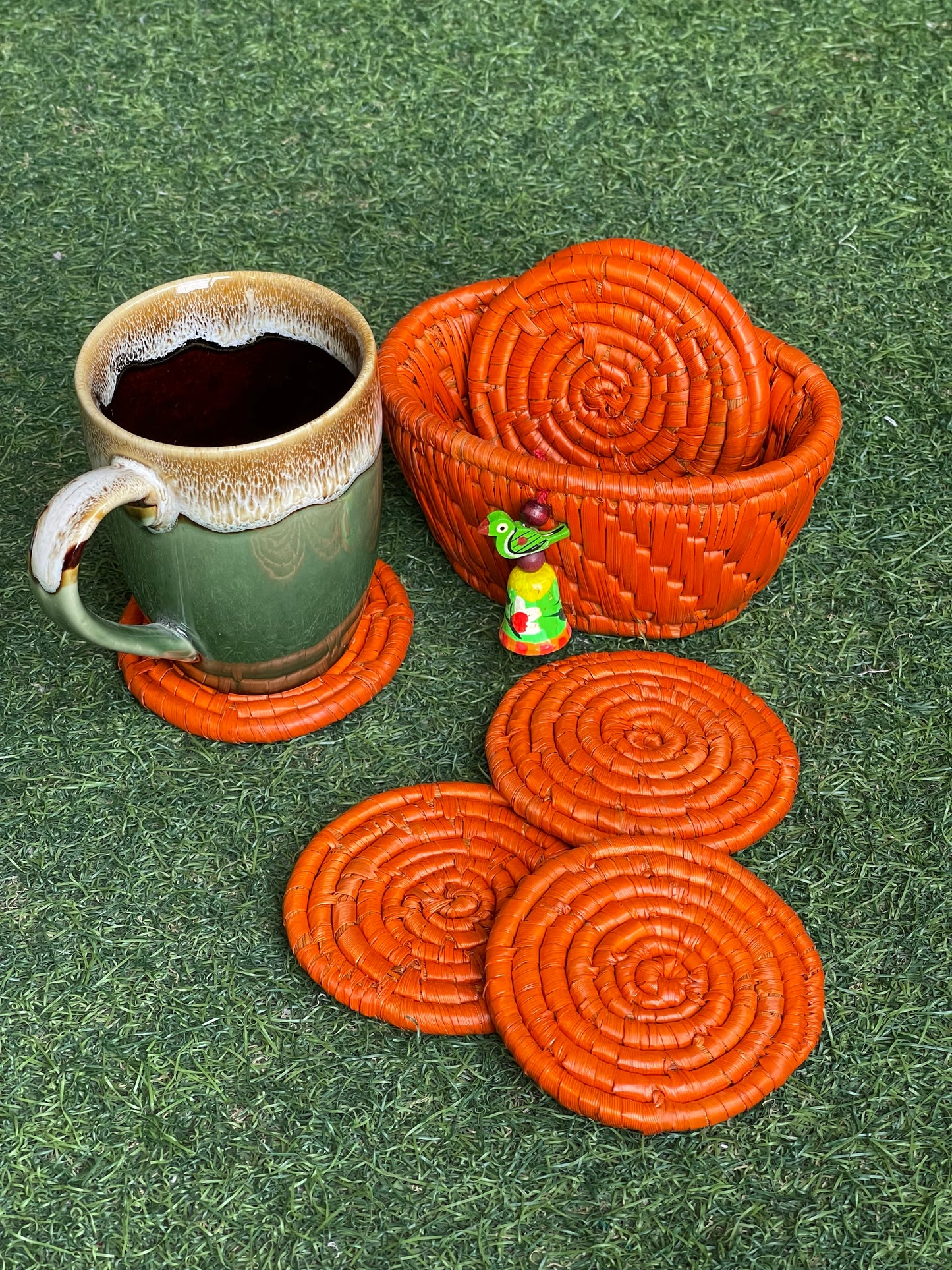 Moonj grass round coasters 6 piece set with case - eco friendly handmade product