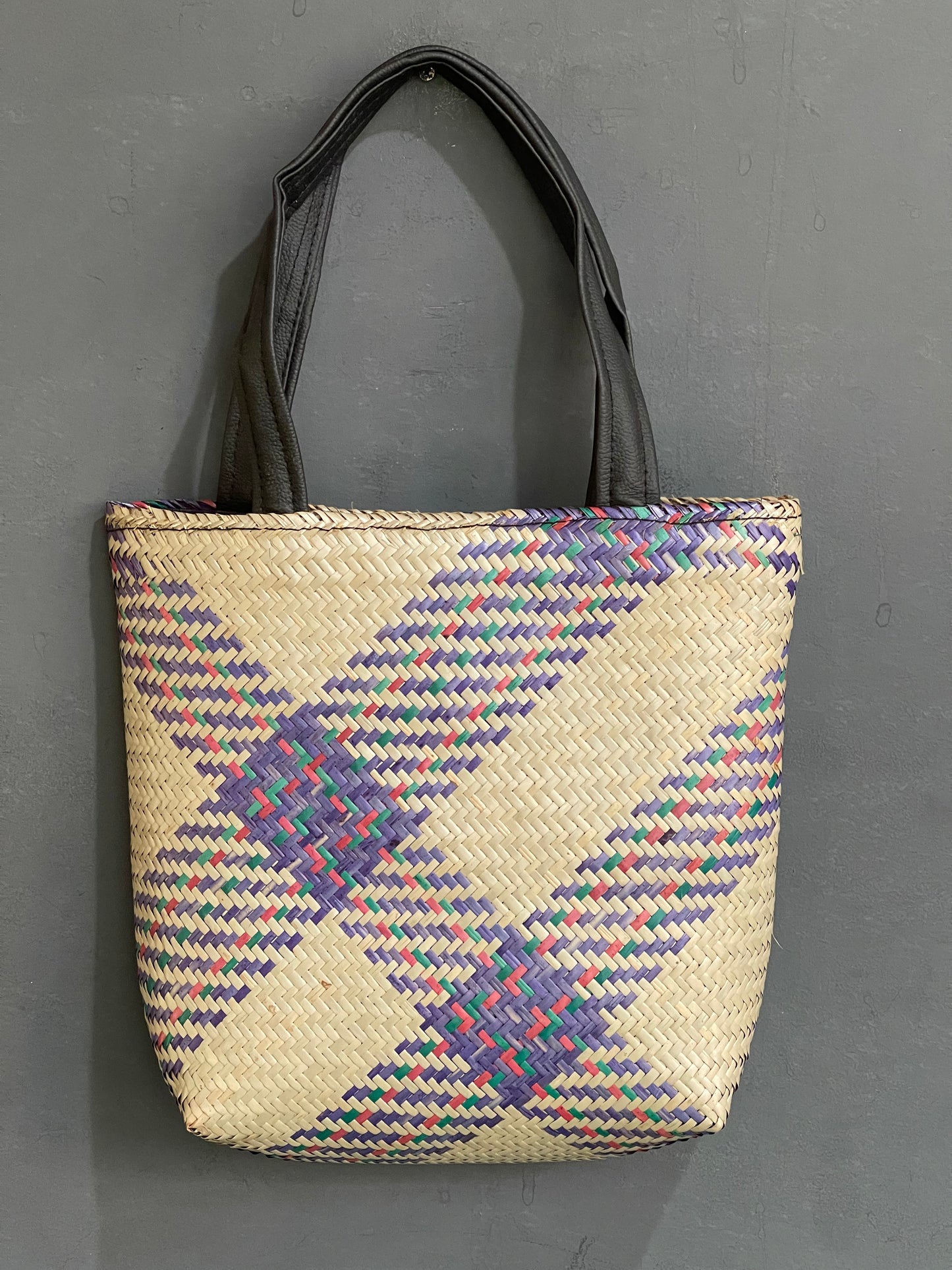 Beige blue cross stripes hand bag made of natural, eco friendly Murta shrub