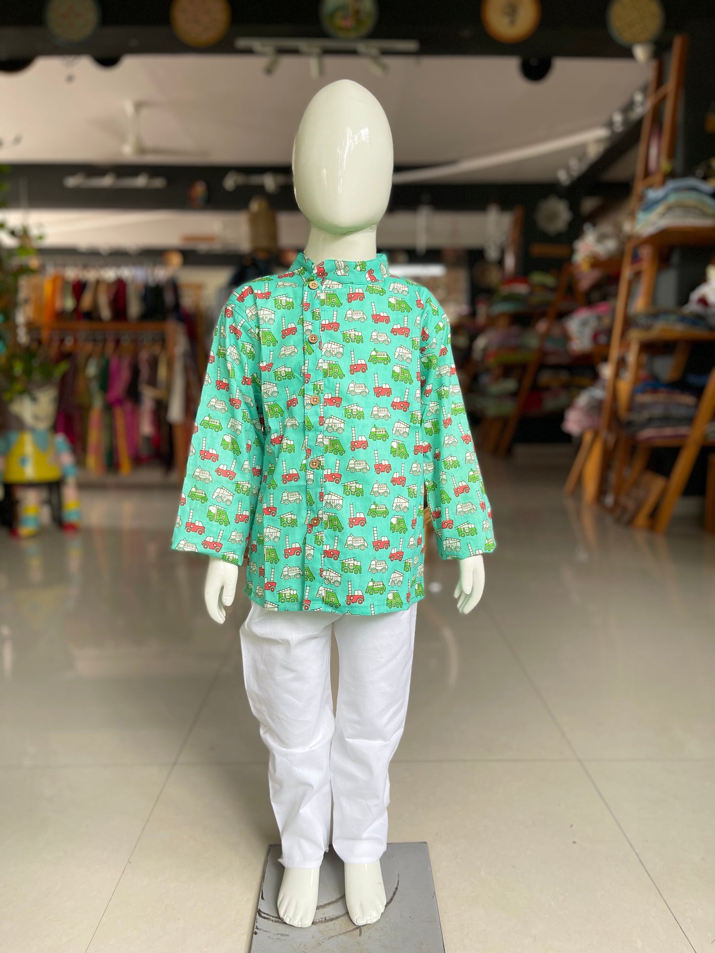 Transport vehicles print cotton full sleeves kurta with asymmetric placket kurta for boys