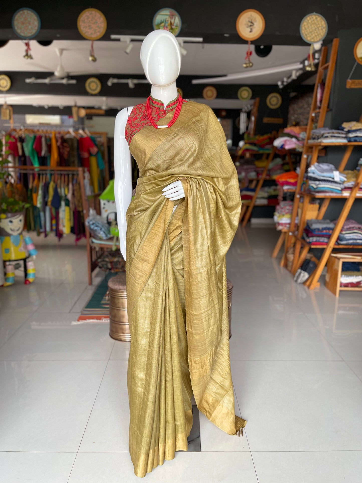 Natural haldi and harad dyed green pure tussar silk handloom saree
