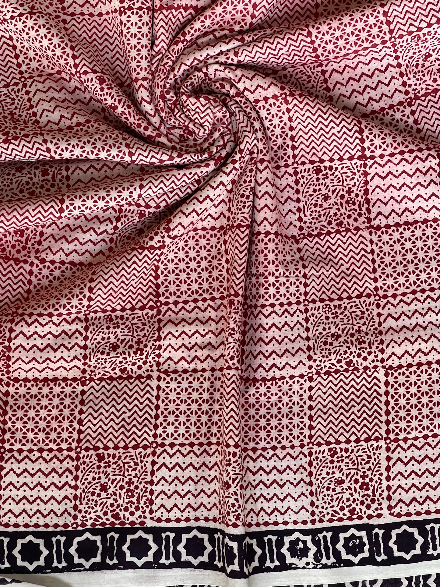 Maroon squares print hand block printed cotton fabric with border