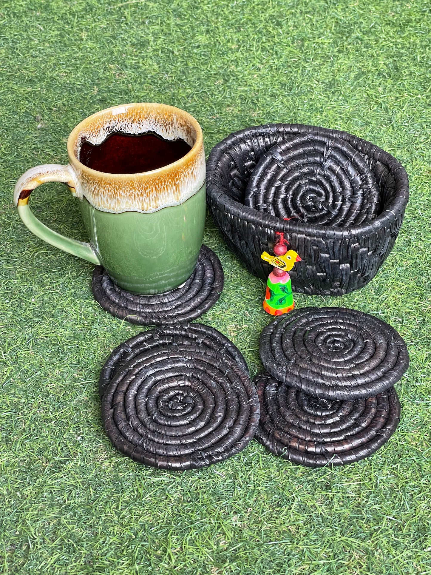Moonj grass round coasters 6 piece set with case - eco friendly handmade product