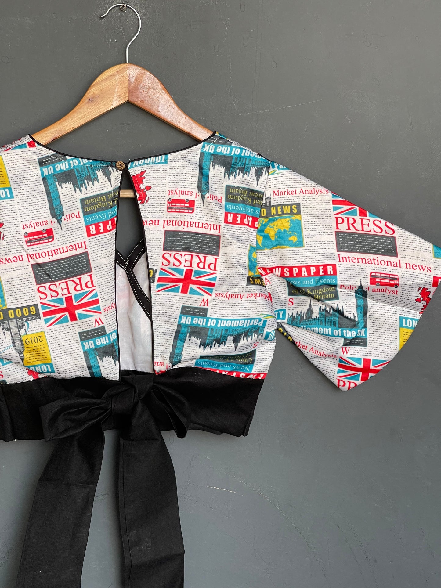 News paper print flared sleeves blouse