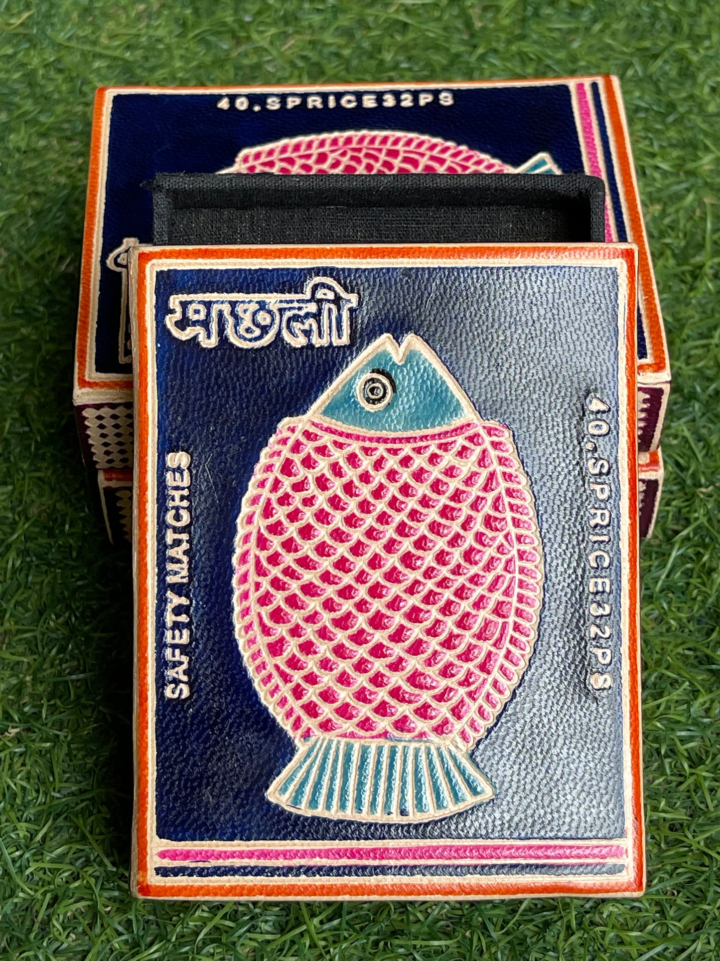 Navy blue fish design retro style matchbox shaped leather card holder