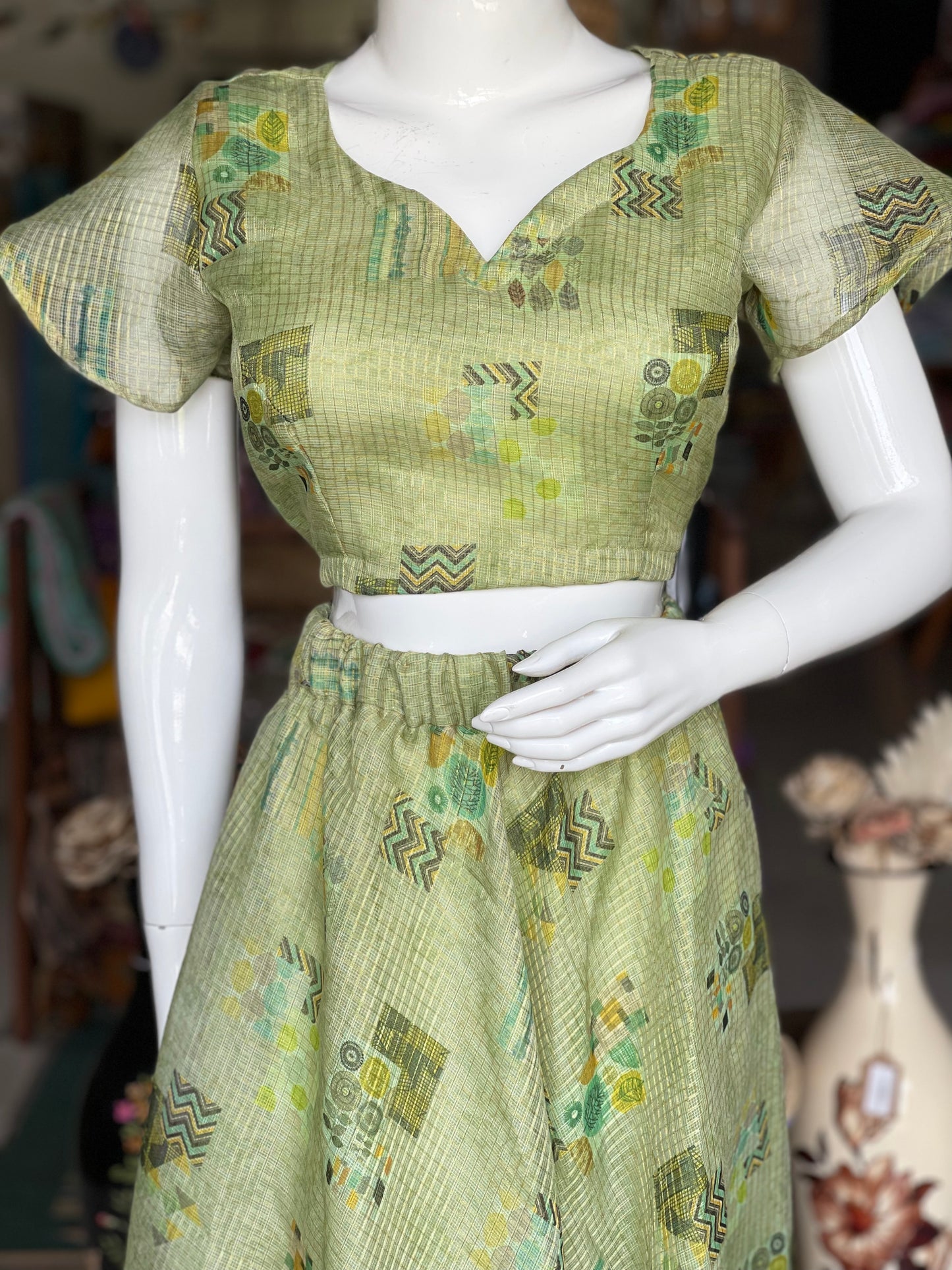 Green digital printed free size lehenga crop top set