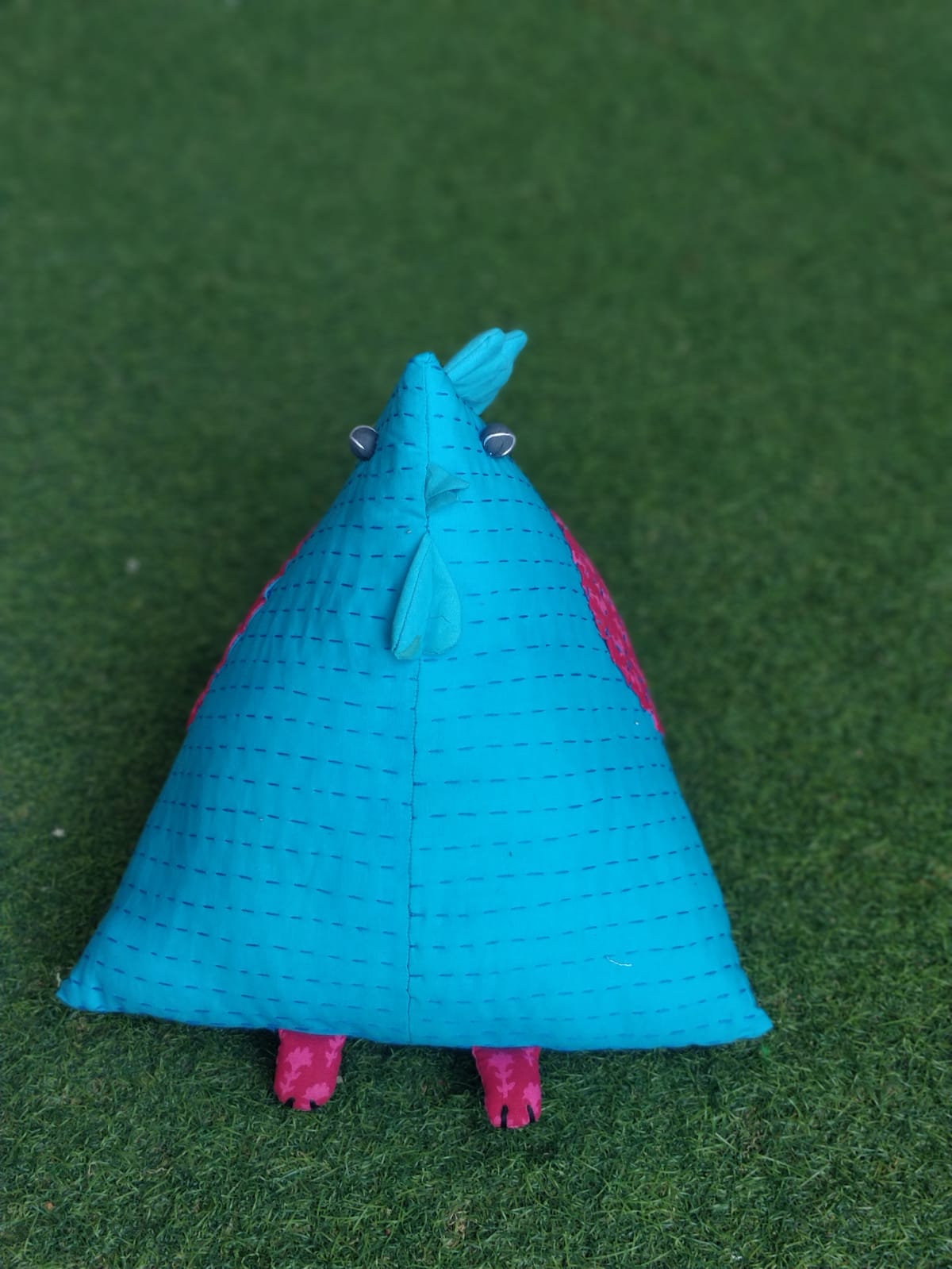 Blue hen cushion made of upcycled fabric and hand embellished with kantha