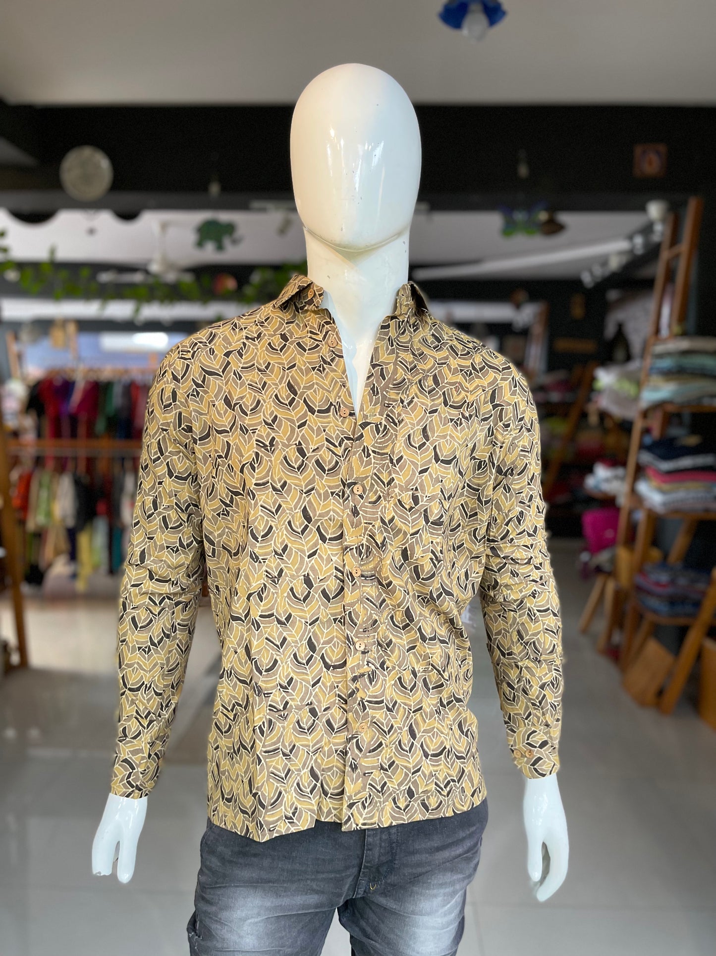 Leaves design ajrakh hand block printed cotton shirt for men