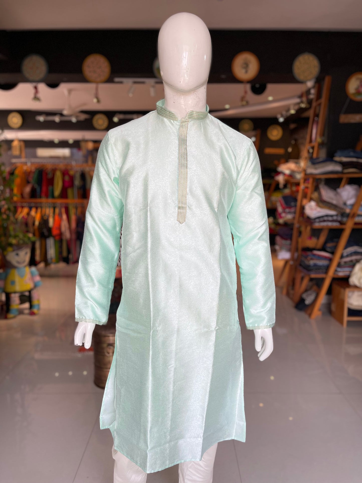 Blue textured full sleeves long kurta for men