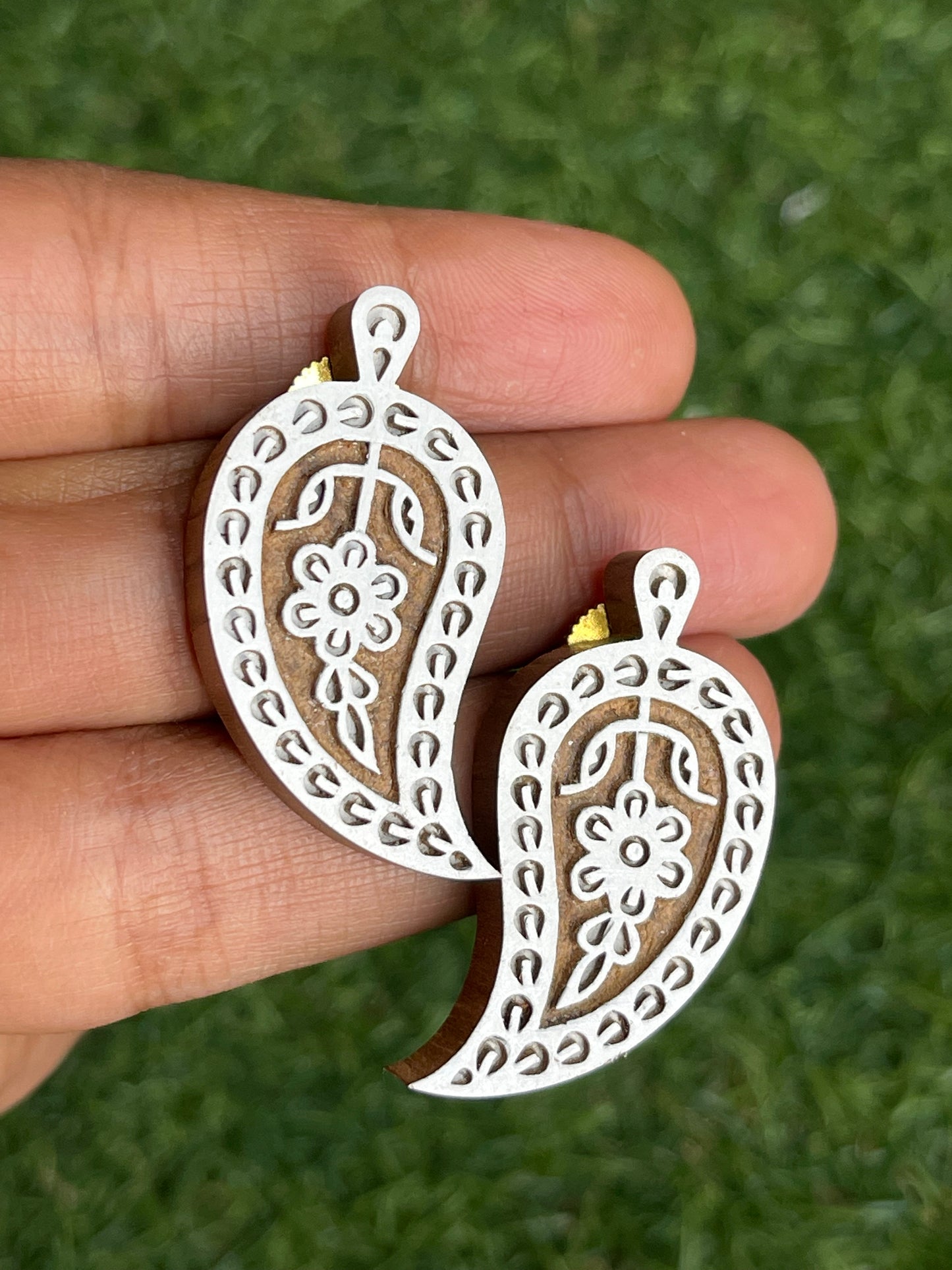 Leaf shaped wooden block carved handmade earrings / studs
