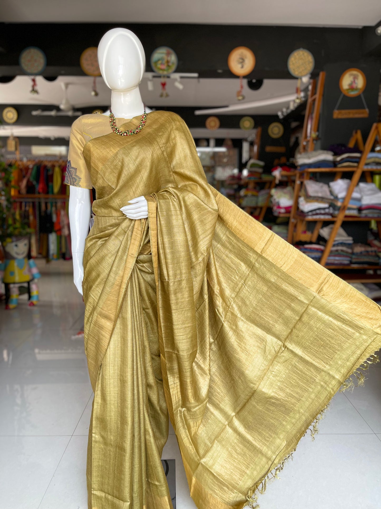 Natural haldi and harad dyed green pure tussar silk handloom saree