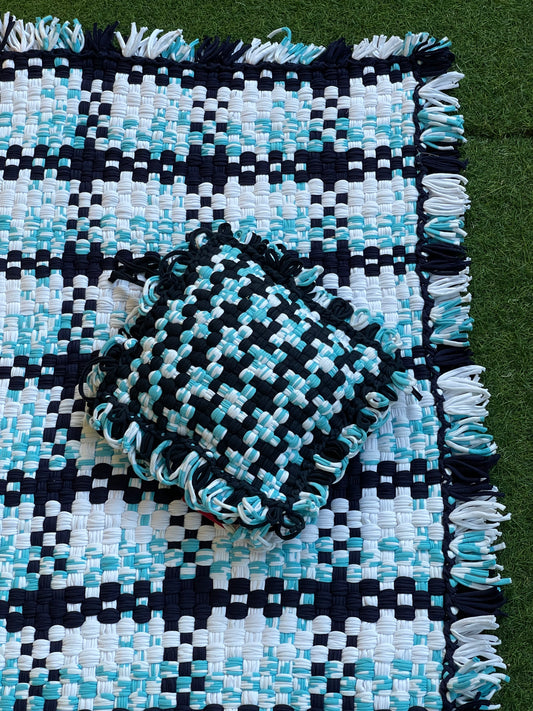 Blue and white handwoven upcycled knitted cotton cushion