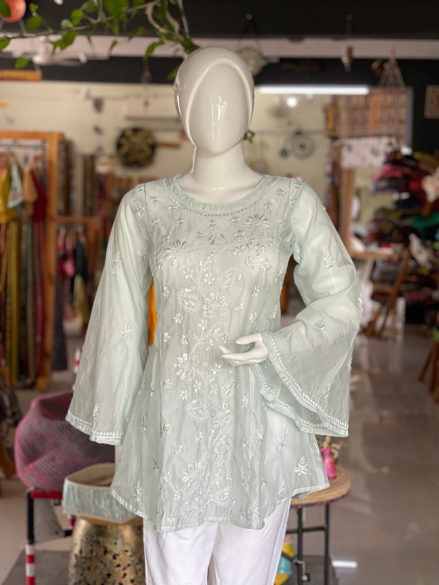 Chikankari hand embroidery tunic on Kota chanderi