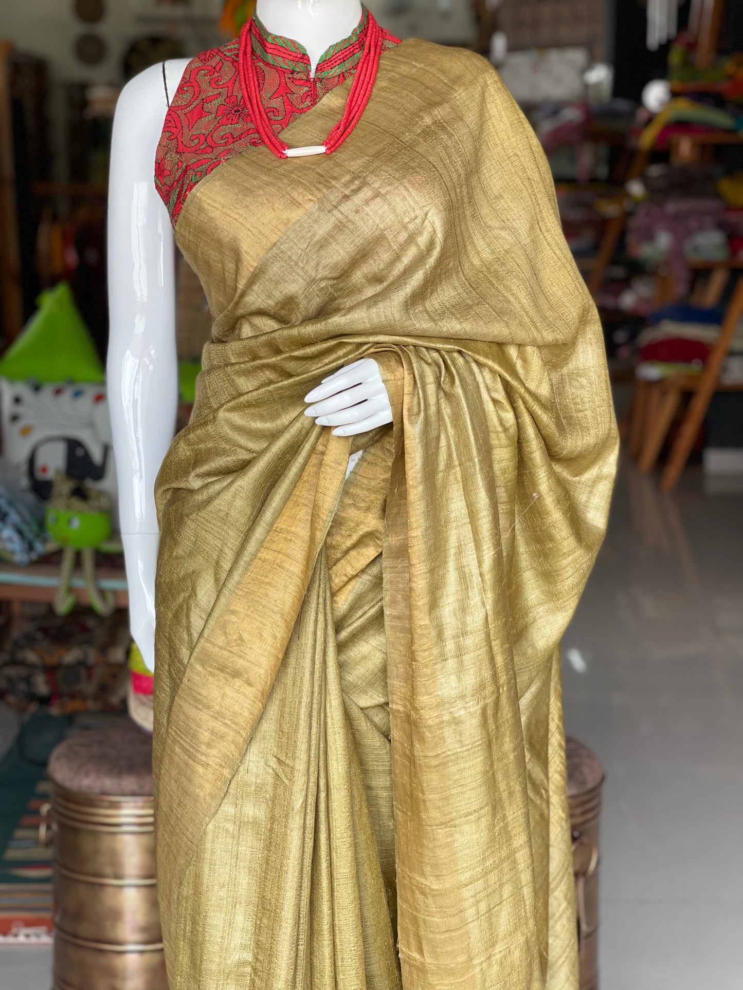 Natural haldi and harad dyed green pure tussar silk handloom saree