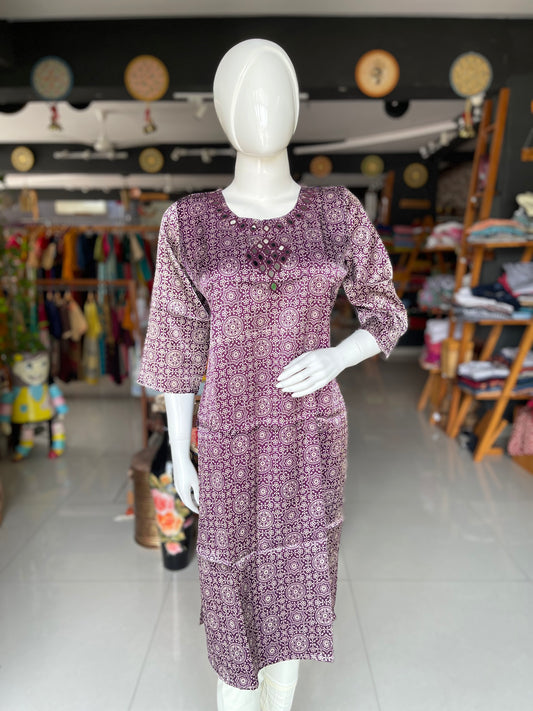 Purple printed Mashru straight kurti with hand embroidered mirror work yoke