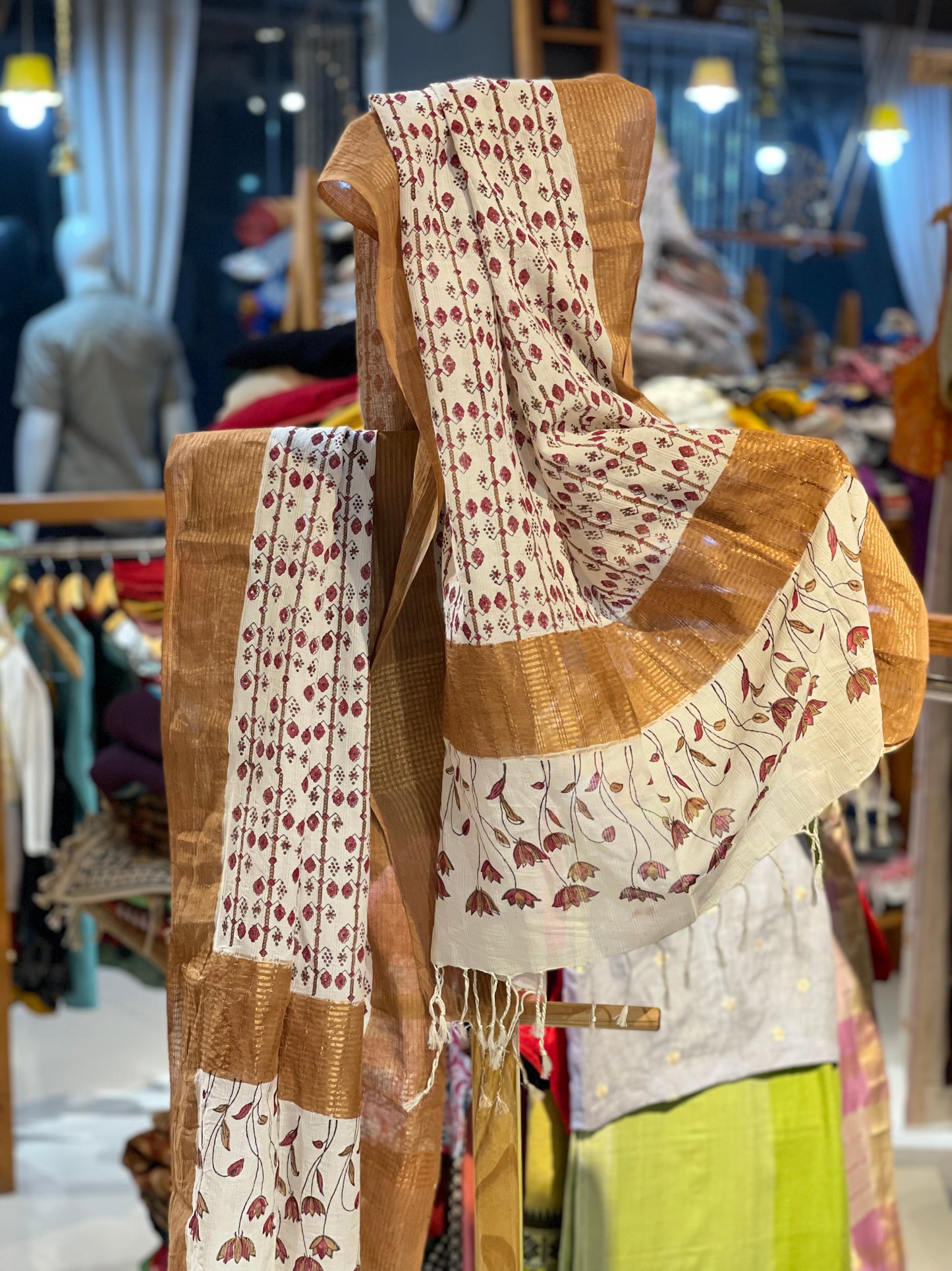 Pink hand block printed cotton handloom textured weave dupatta