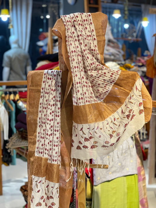 Pink hand block printed cotton handloom textured weave dupatta