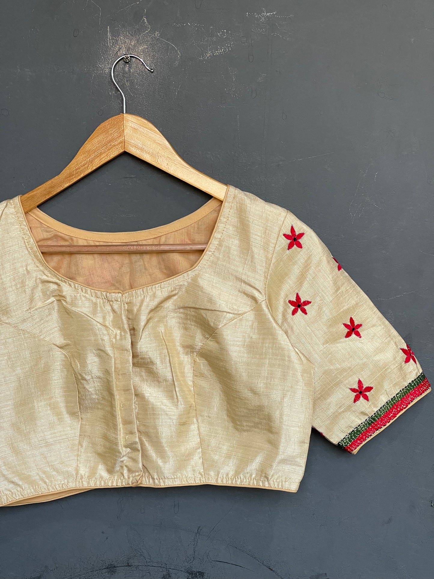 Cream Kantha bird embroidered silk blouse