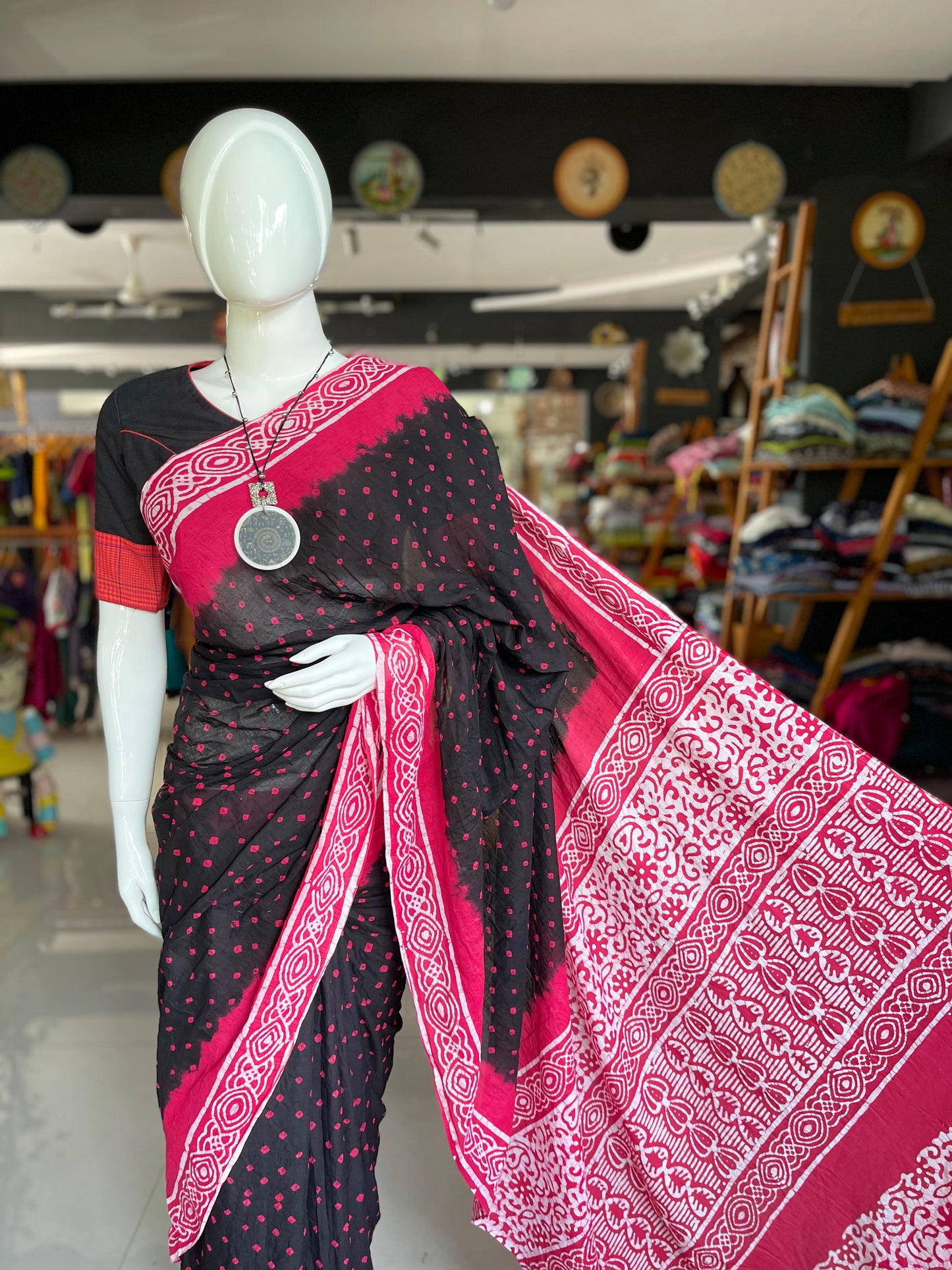 Soft cotton black bandini saree with batik border and pallu