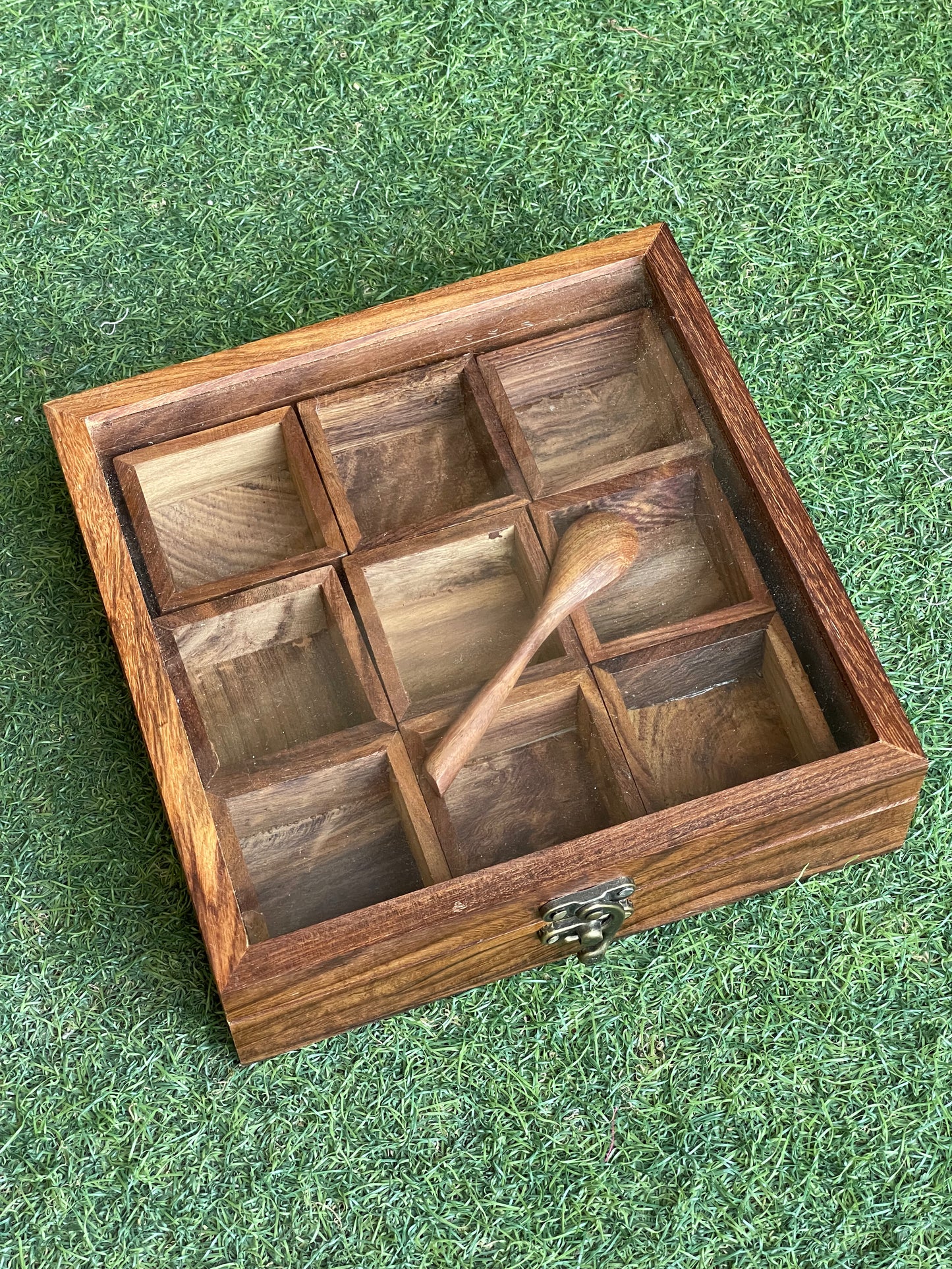 Square Wooden masala / trinklet box with 9 partitions