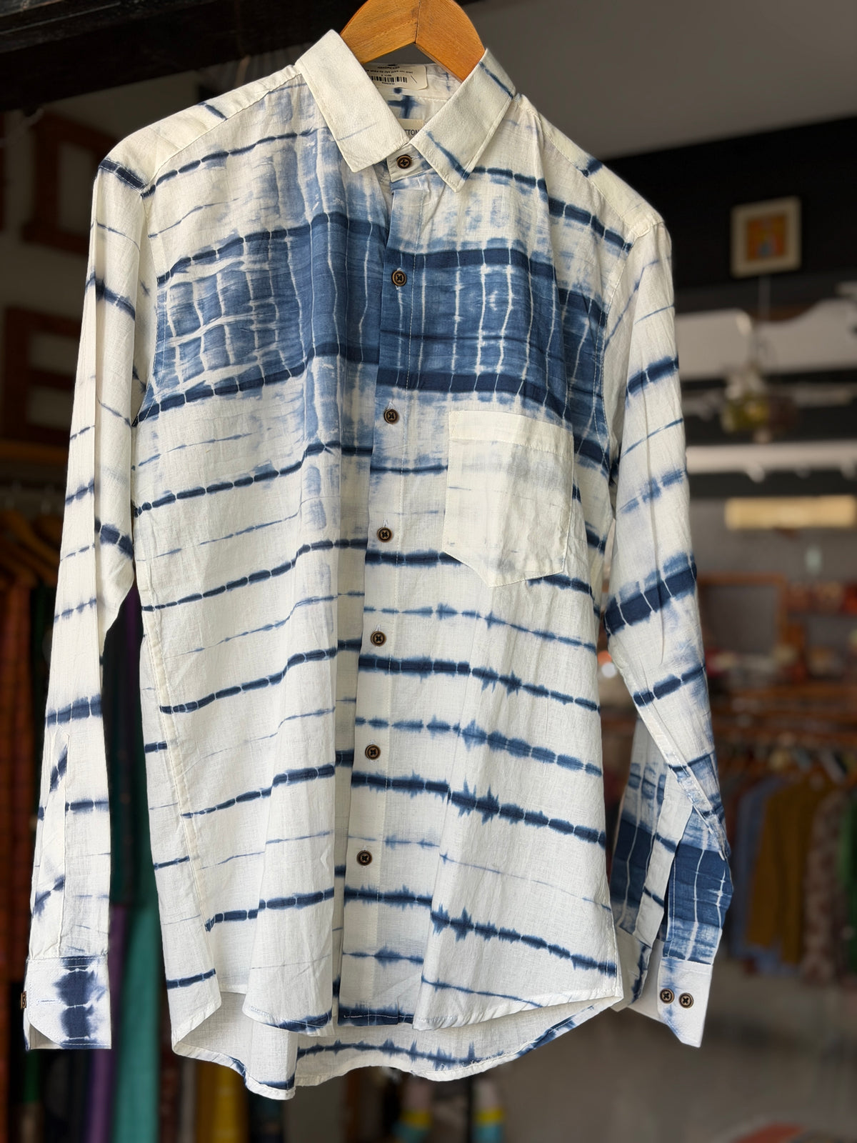 Blue on white tie dye print full sleeves cotton shirt for men