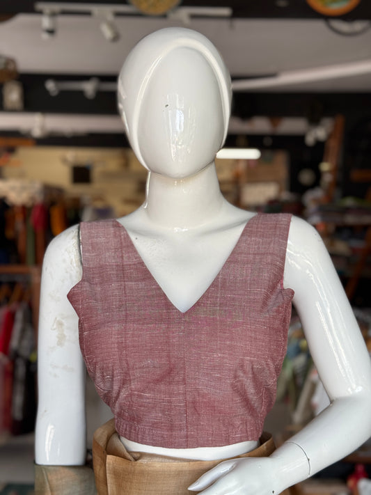 Onion pink sleeveless back open handwoven cotton blouse