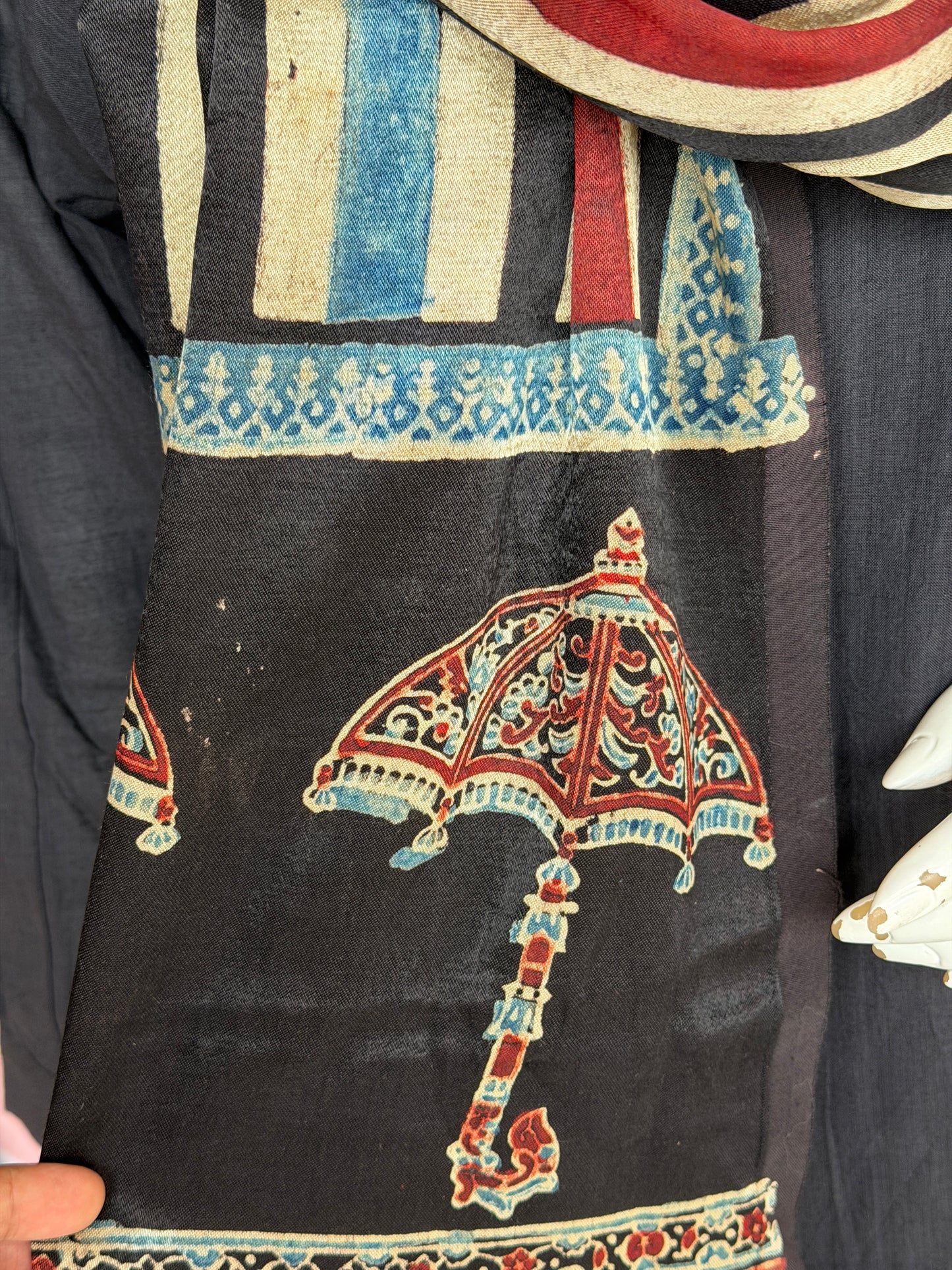 Umbrellas and stripes Ajrakh hand block printed mashru stole