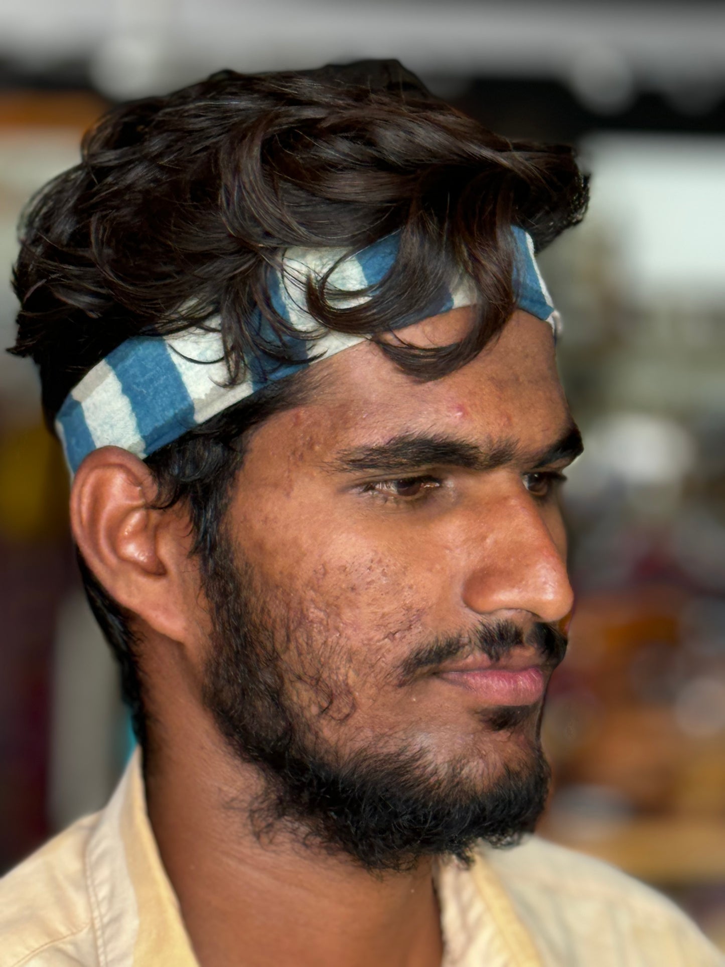 Unisex Head band with elastic in natural dyed, hand block printed cotton