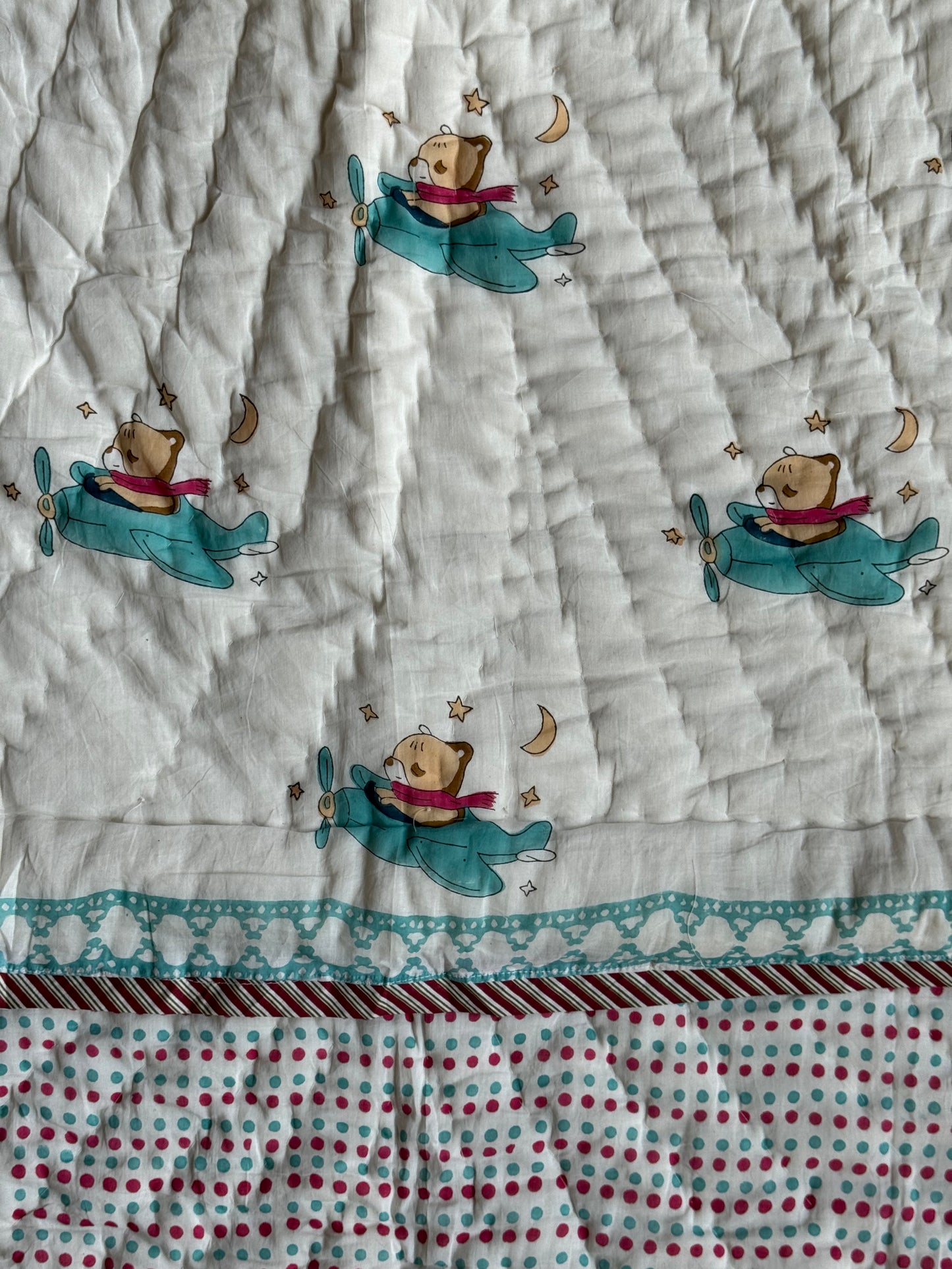 Bear on a plane cute hand block printed reversible cotton quilts / play mats for children