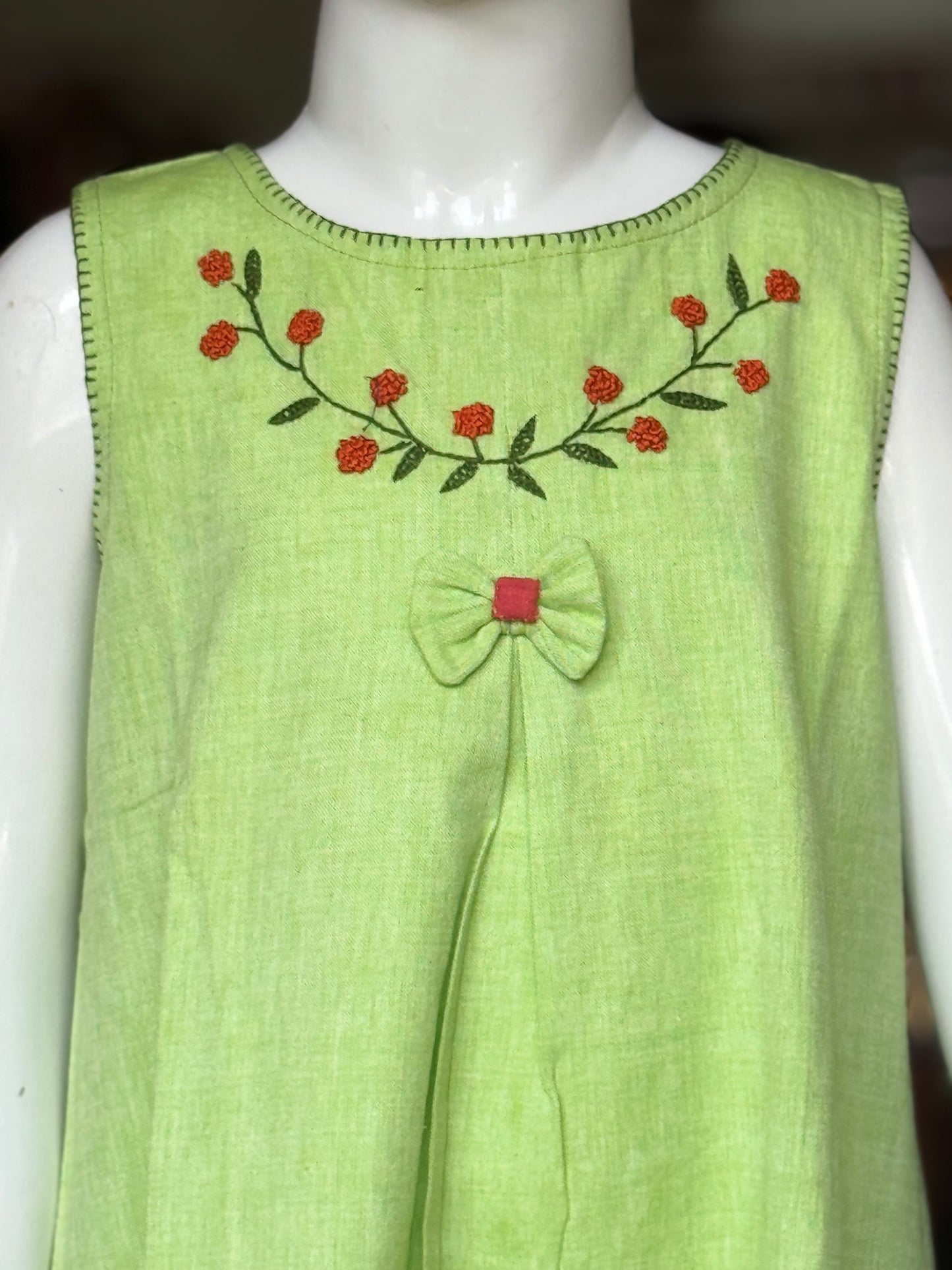 Refreshing green hand embroidered leaves design cotton frock for girls
