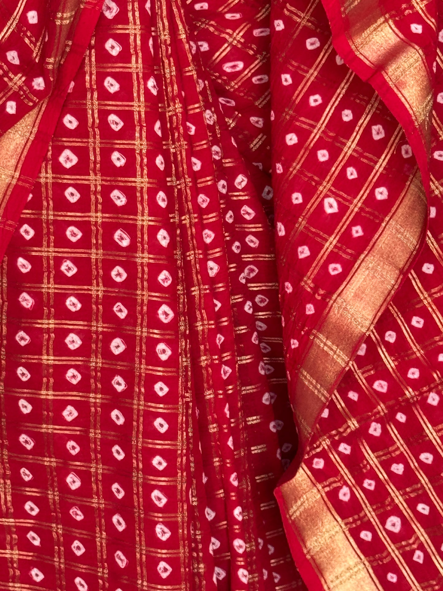 Reddish maroon gharchola bandini tie n dye cotton saree with zari checks