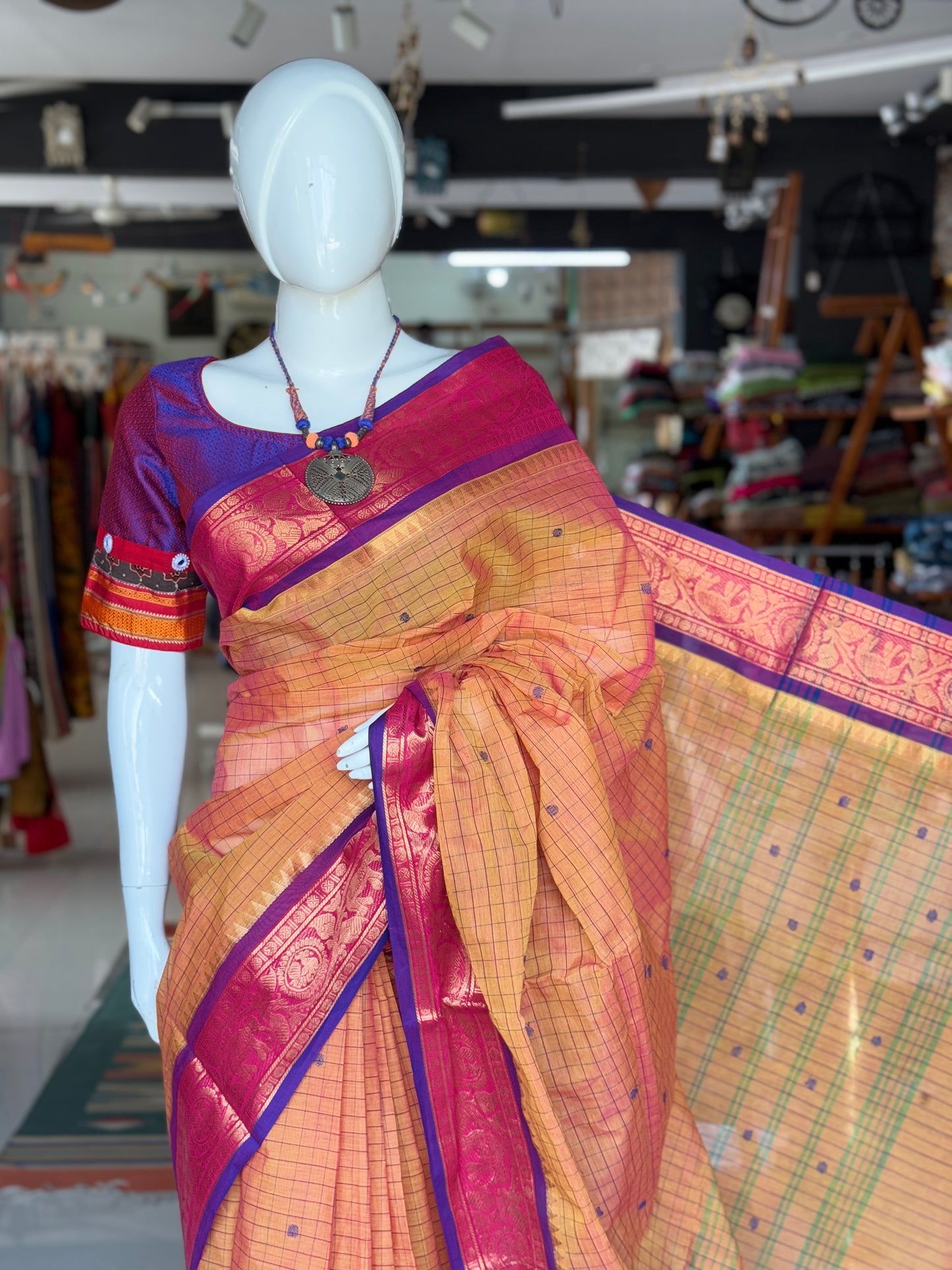 Yellow x pink cotton checkered Venkatagiri power loom saree with purple border