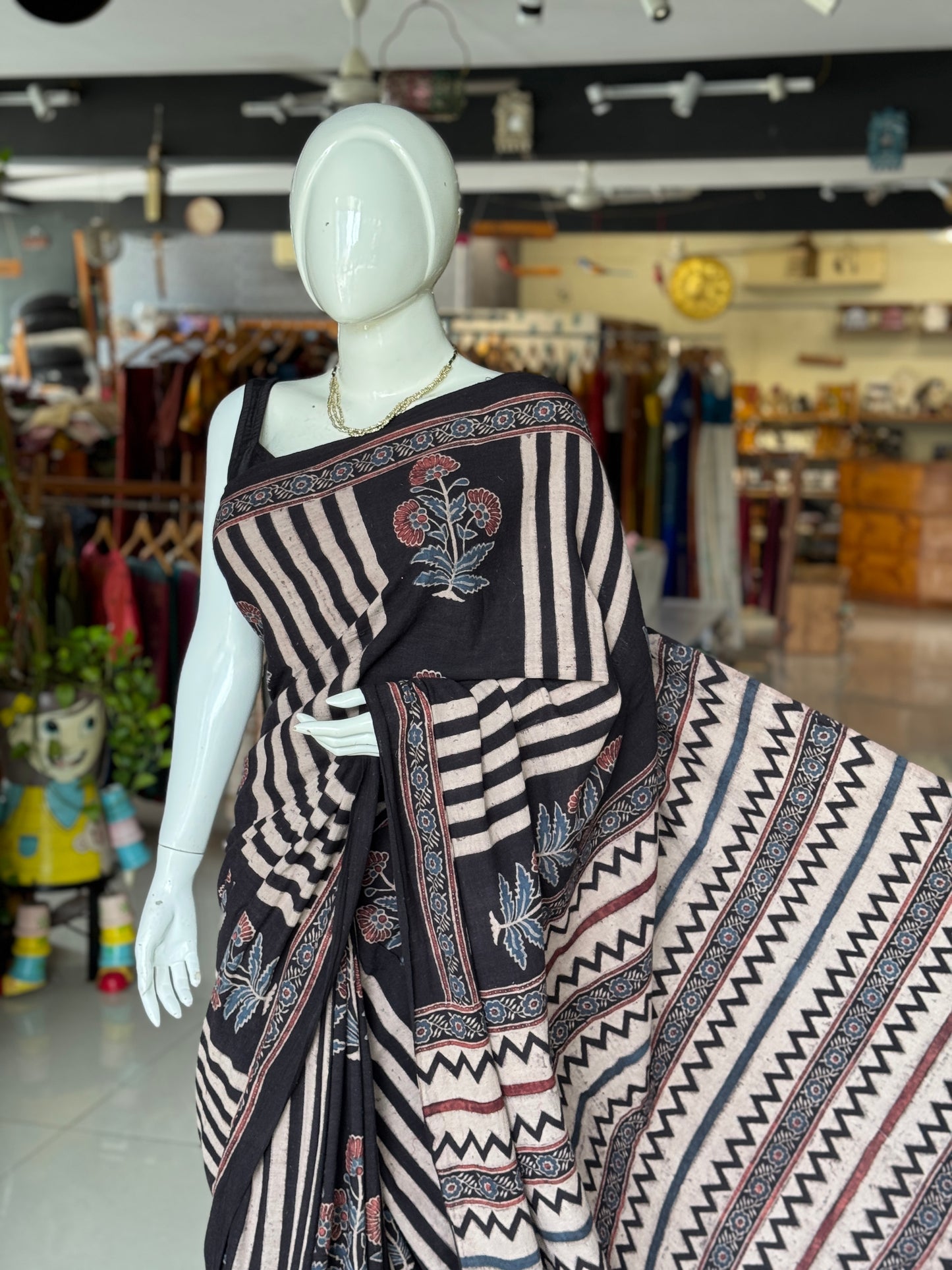 Kala cotton hand woven saree with black stripes and flowers Ajrakh hand block print