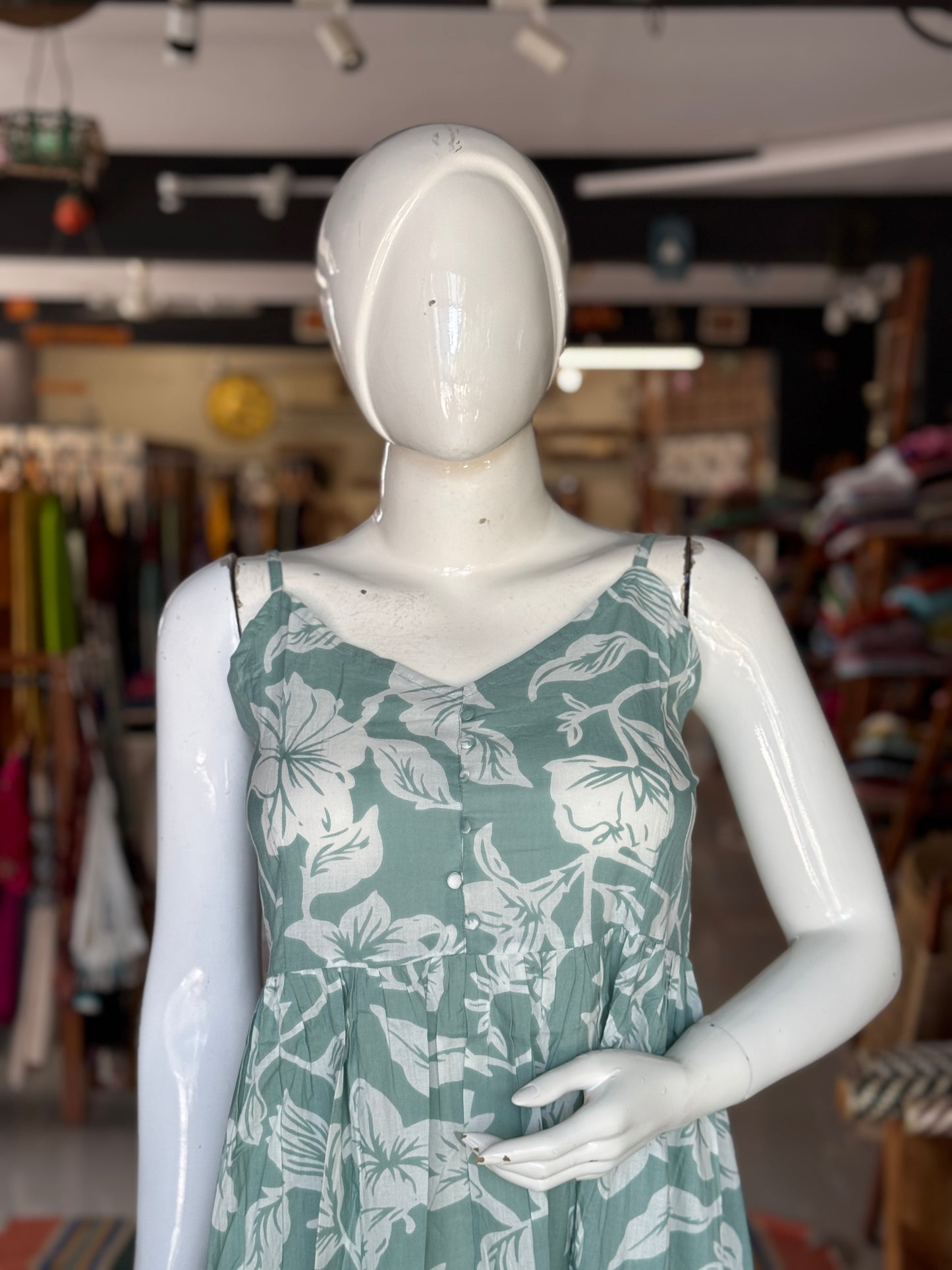 Sage green leaves printed strappy cotton dress