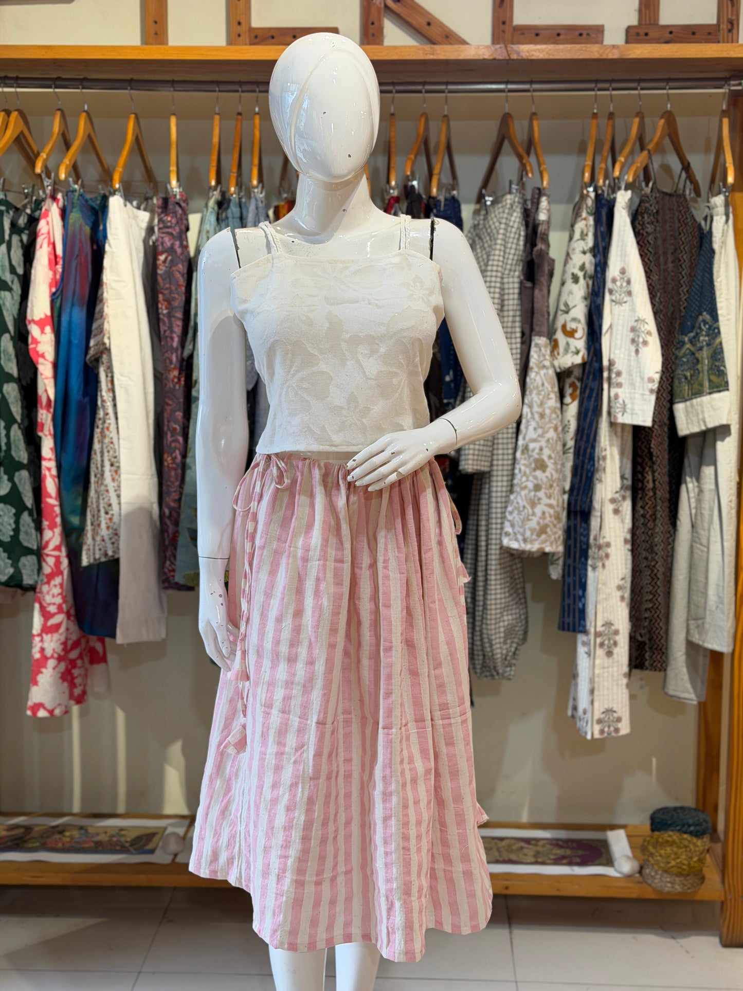 Light pink and off white stripes hand woven kala cotton viral jalu skirt with pockets - free size with both sides draw string