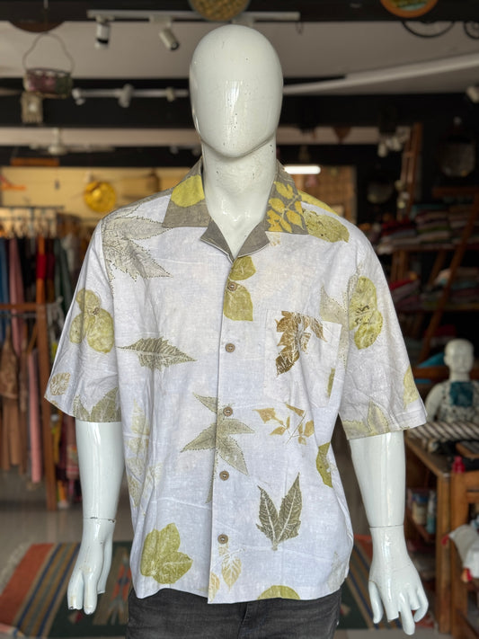 Off white eco friendly leaf printed cotton half sleeves loose fit shirt for men