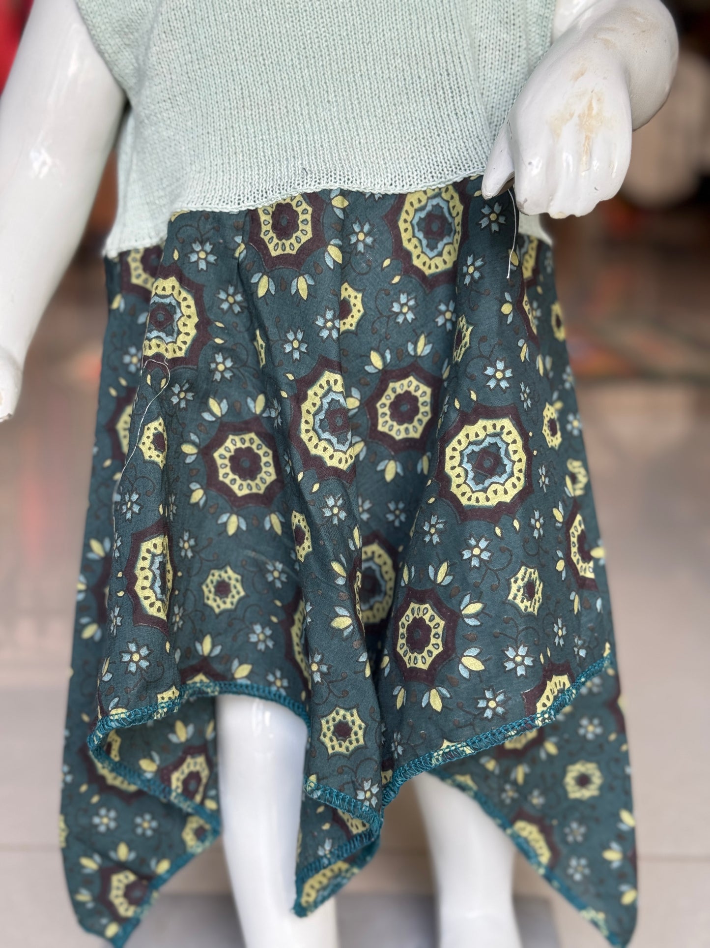 Crochet hand work yoke with hand block printed kerchief cut soft cotton frock