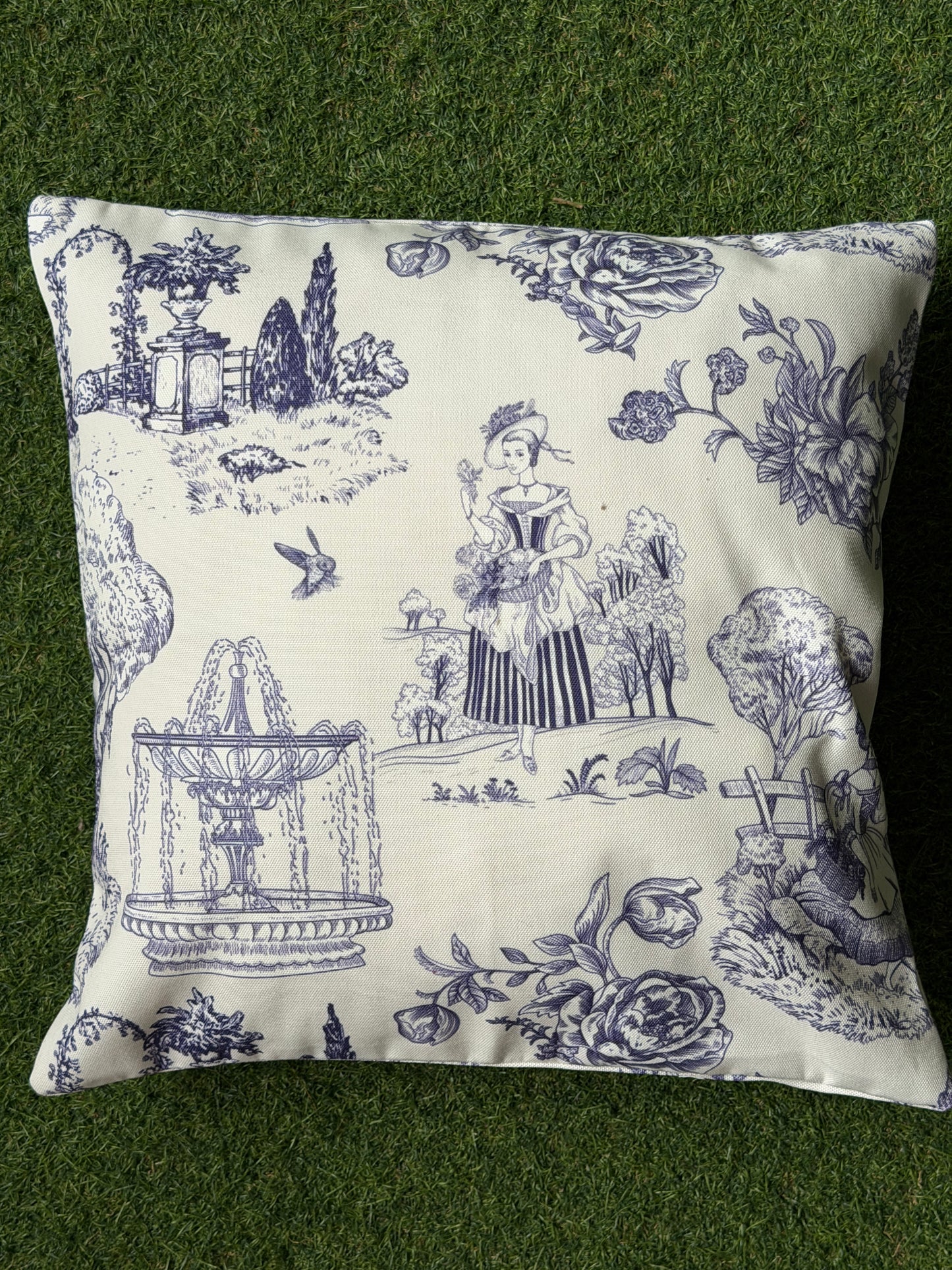 Lady in the garden - vintage look white and blue cushion cover
