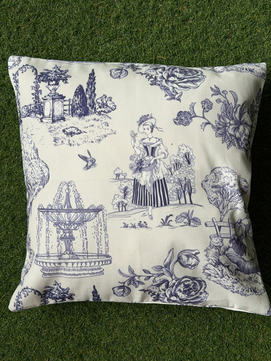 Lady in the garden - vintage look white and blue cushion cover