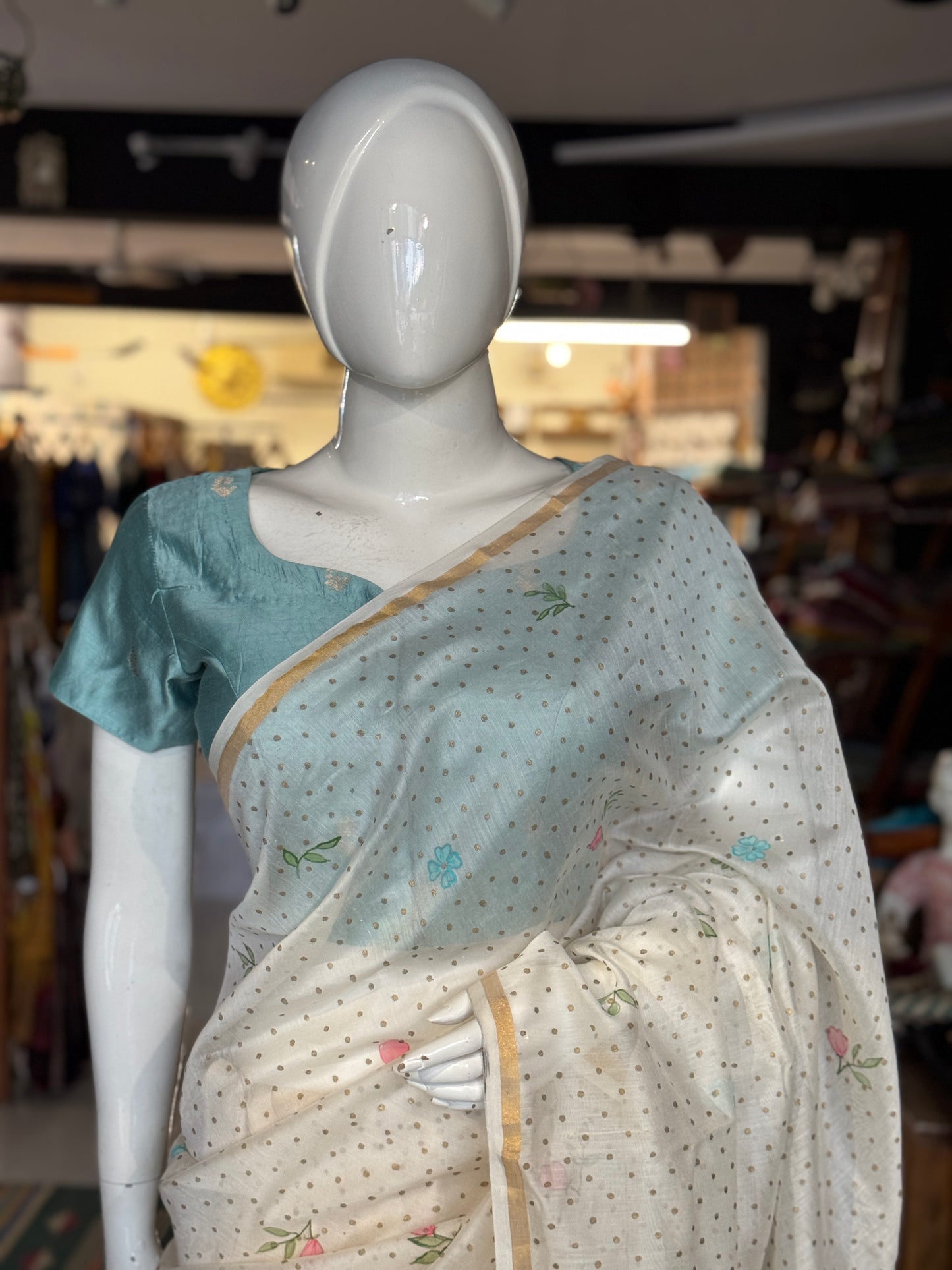 Pastel blue hand woven pure silk blouse with flower butis - front open, with lining