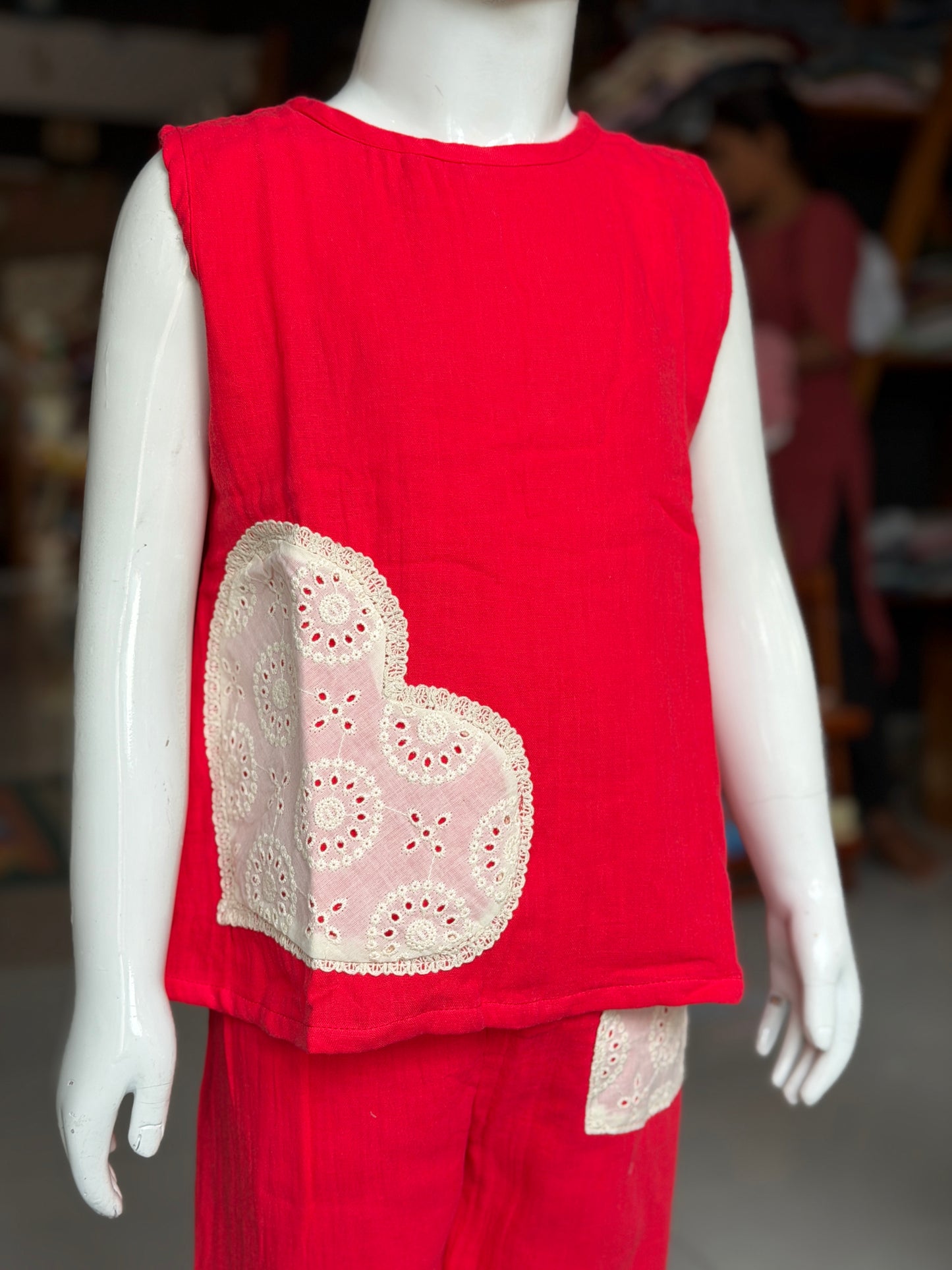 Red crop top pant coord set for girls with hakoba applique - double cotton