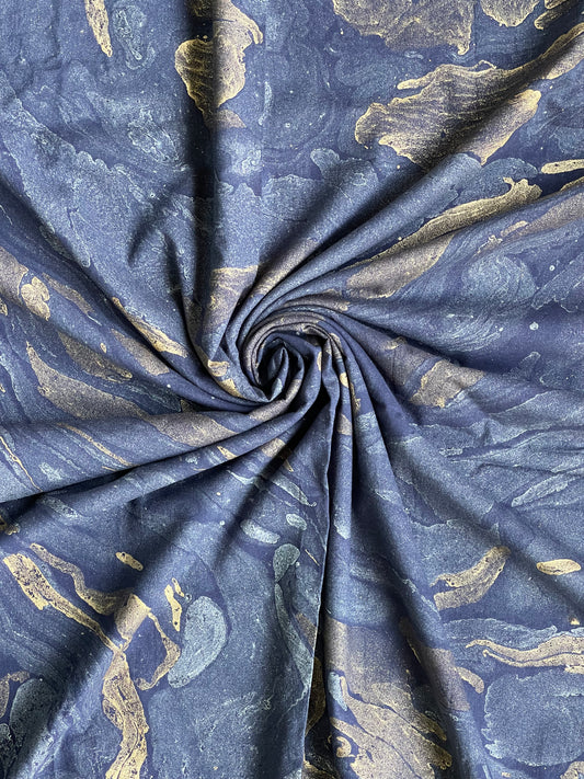 Navy blue hand marbled cotton fabric with gold and silver shades