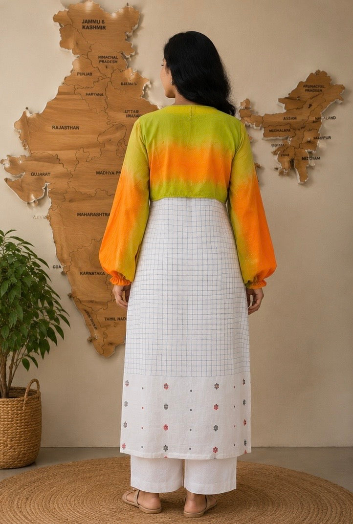 Saffron orange and green tie dye hand crafted cotton short shrug with full sleeves