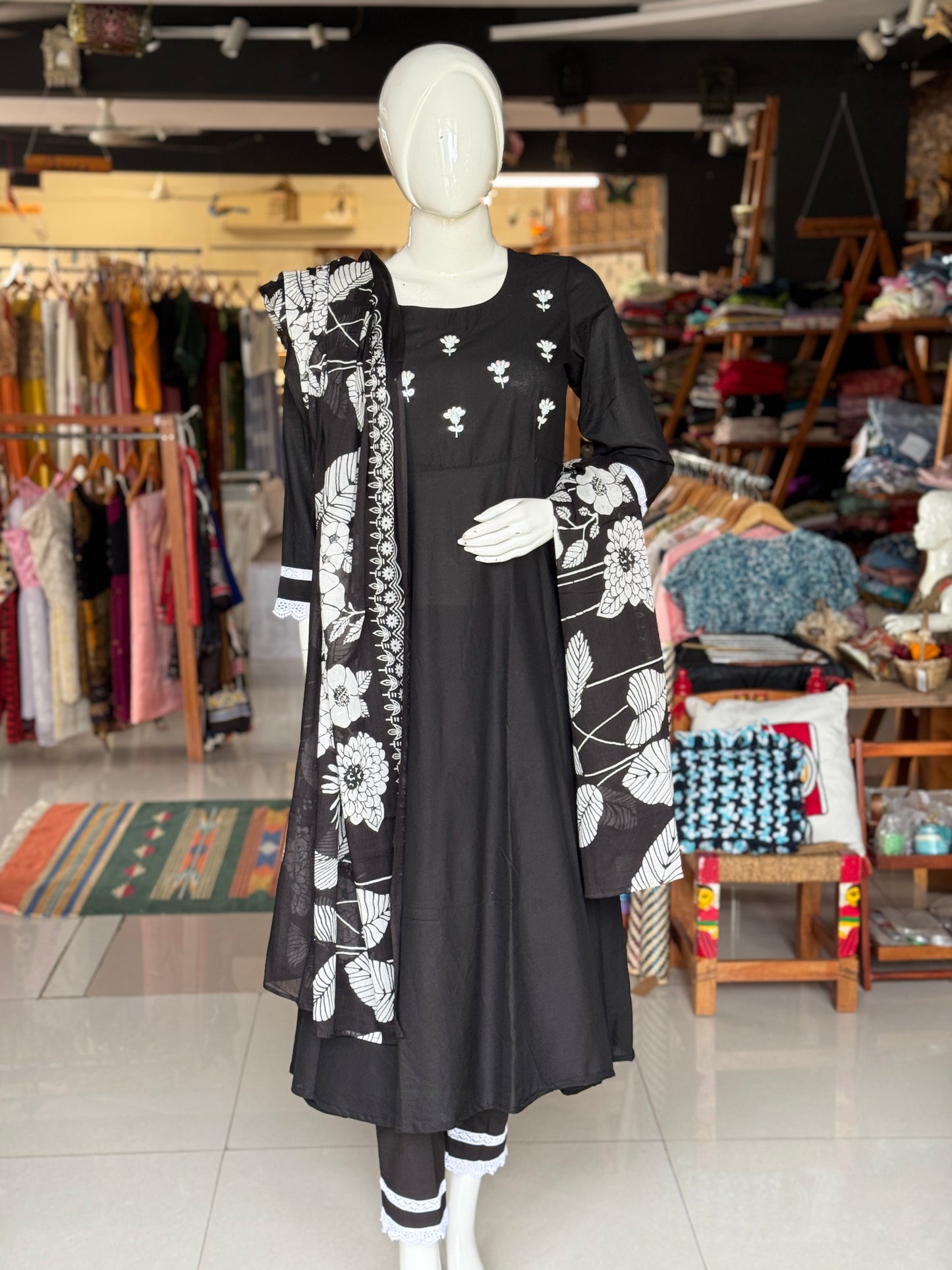 Black floral print dupatta, cotton embroidered flared kurti, straight pants with lace detailing - 3 piece suit set