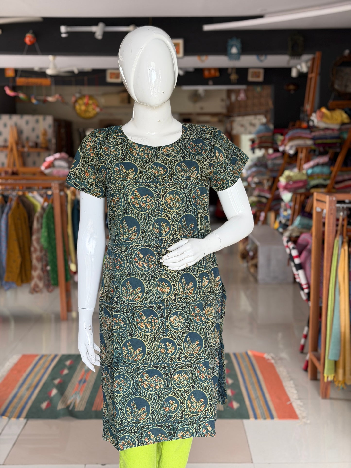 Dark green Ajrakh hand block printed cotton straight kurti