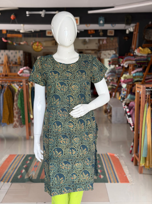 Dark green Ajrakh hand block printed cotton straight kurti