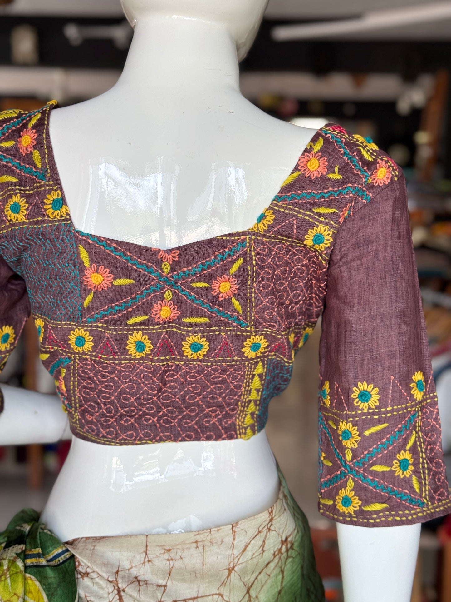 Plum floral hand kantha embroidered silk blouse